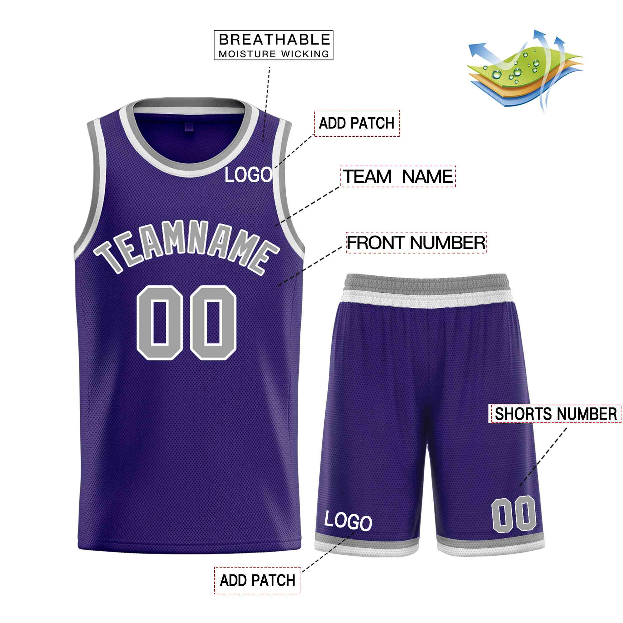 Custom Purple Gray-White Bull Classic Sets Curved Basketball Jersey