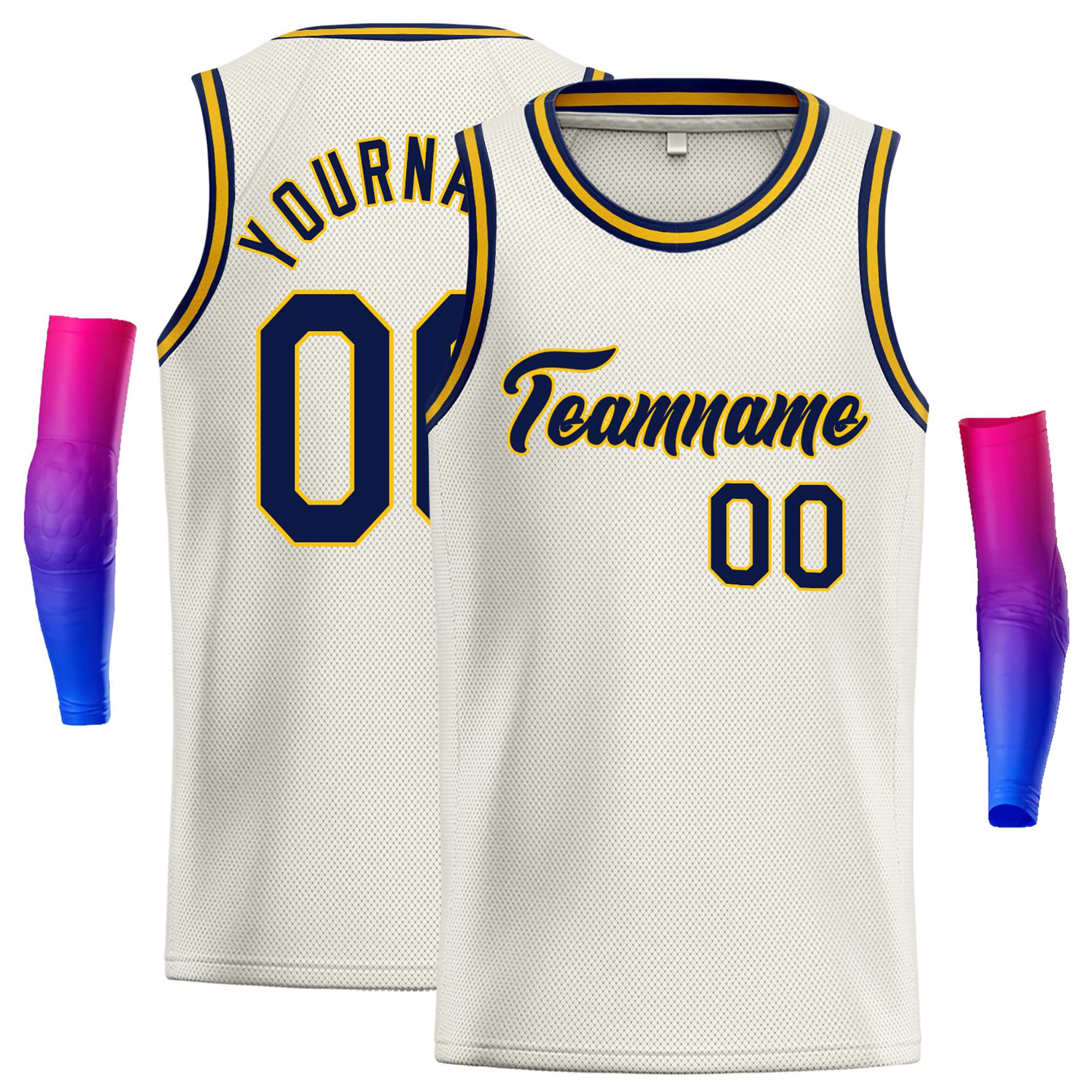 Maillot de basket-ball décontracté, personnalisé, crème, jaune marine, hauts classiques