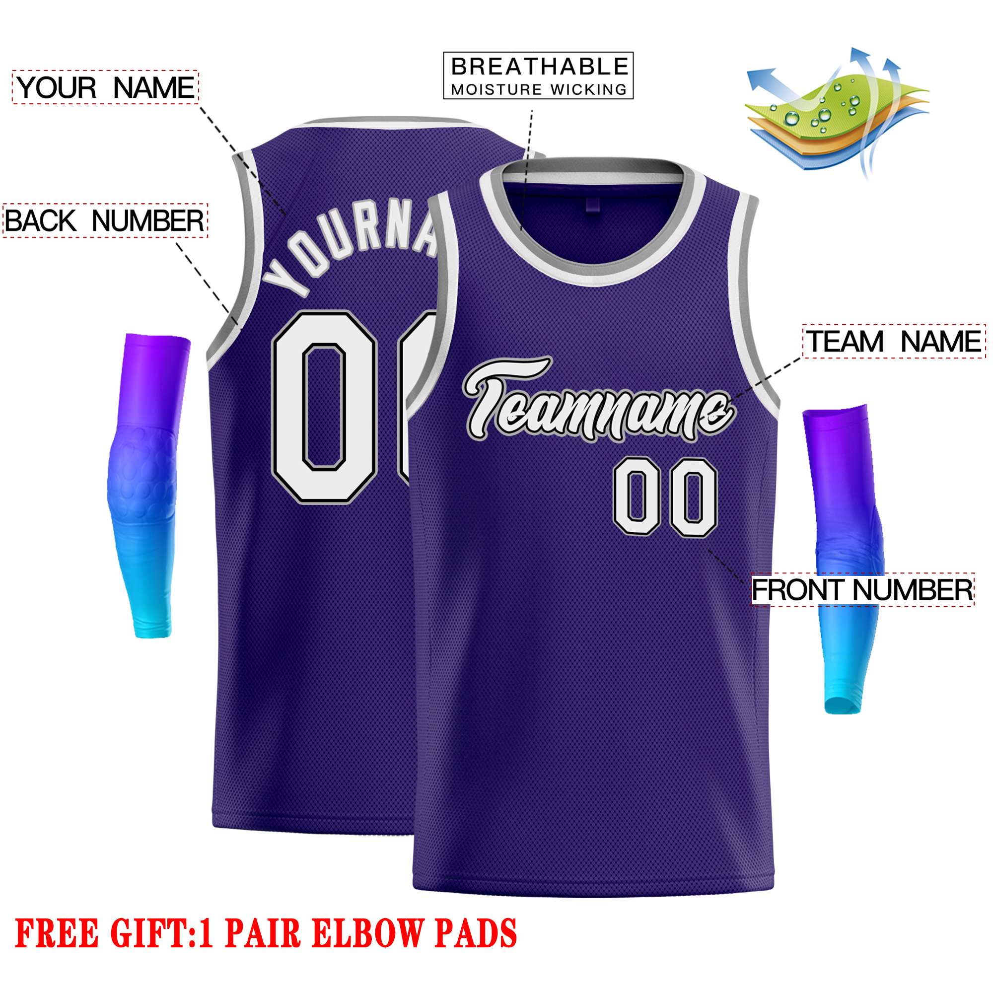 Maillot de basket-ball décontracté, haut classique violet blanc-gris personnalisé