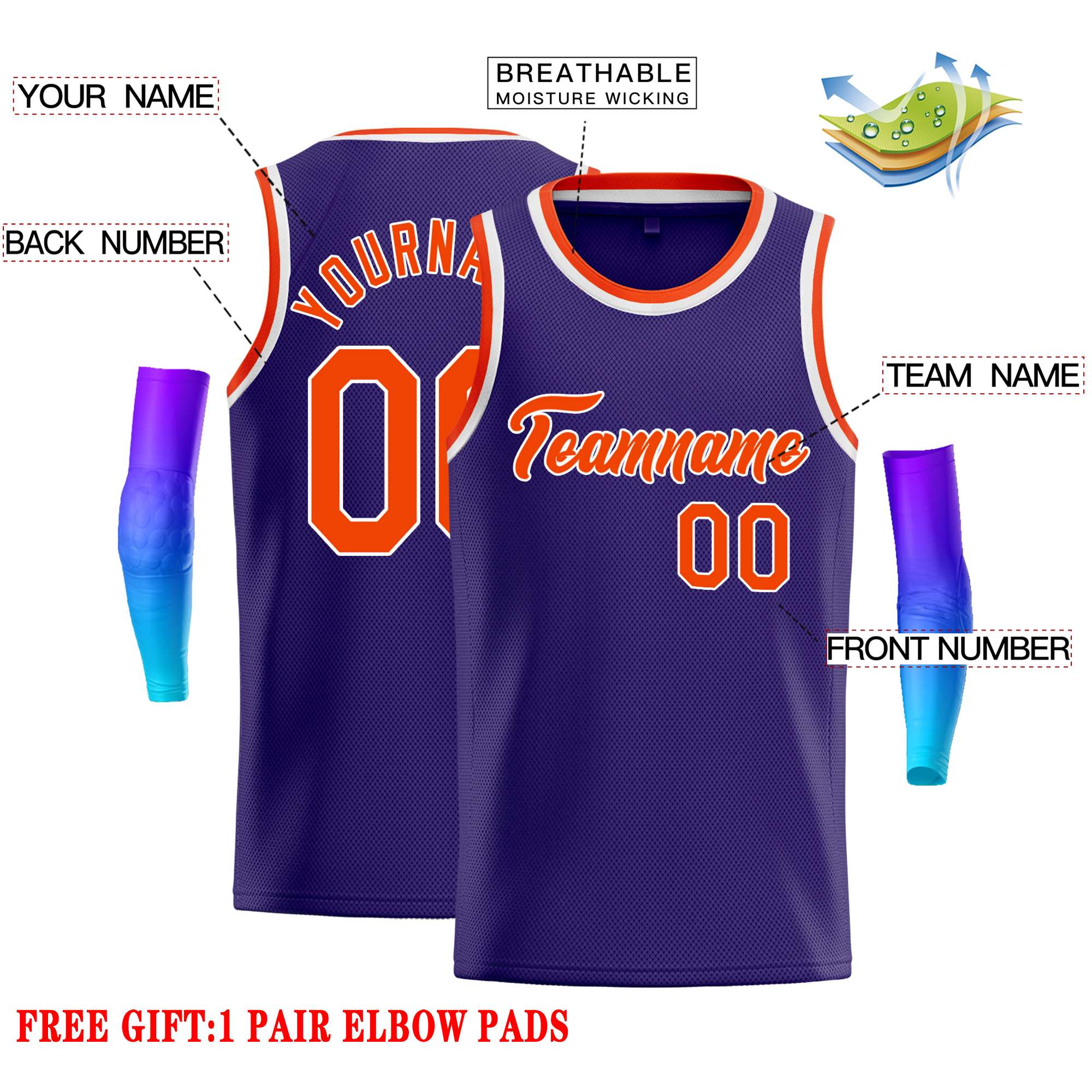 Maillot de basket-ball décontracté, personnalisé, violet, Orange-blanc, hauts classiques