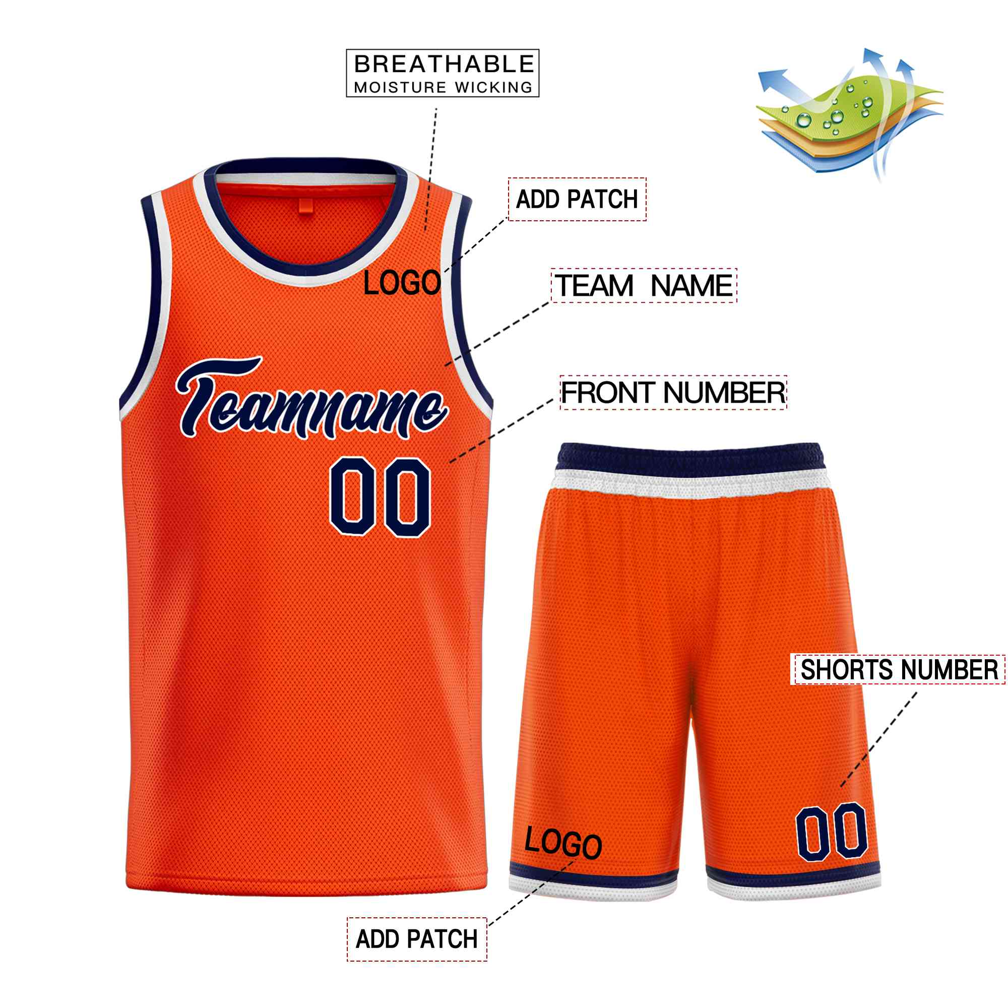 Uniforme de sport personnalisé Orange marine-blanc, ensembles classiques de basket-ball, maillot de basket-ball