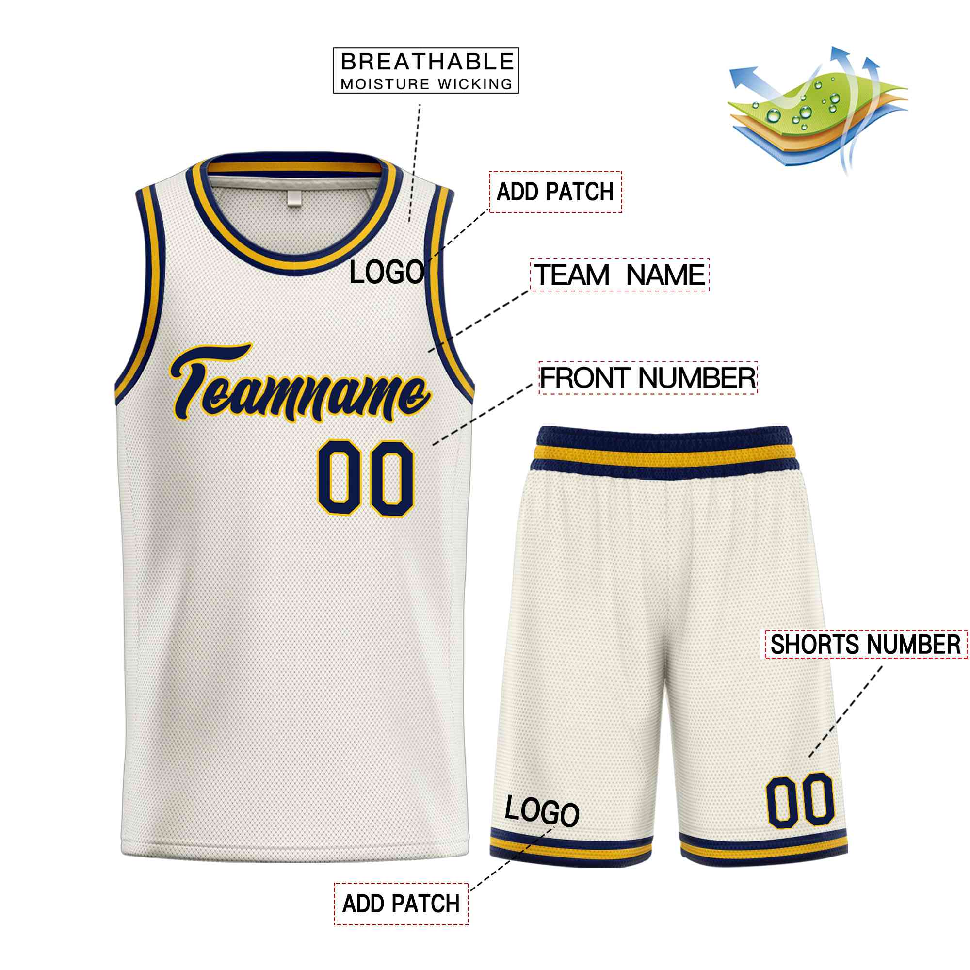 Uniforme de sport de guérison personnalisé crème jaune marine, ensembles classiques, maillot de basket-ball