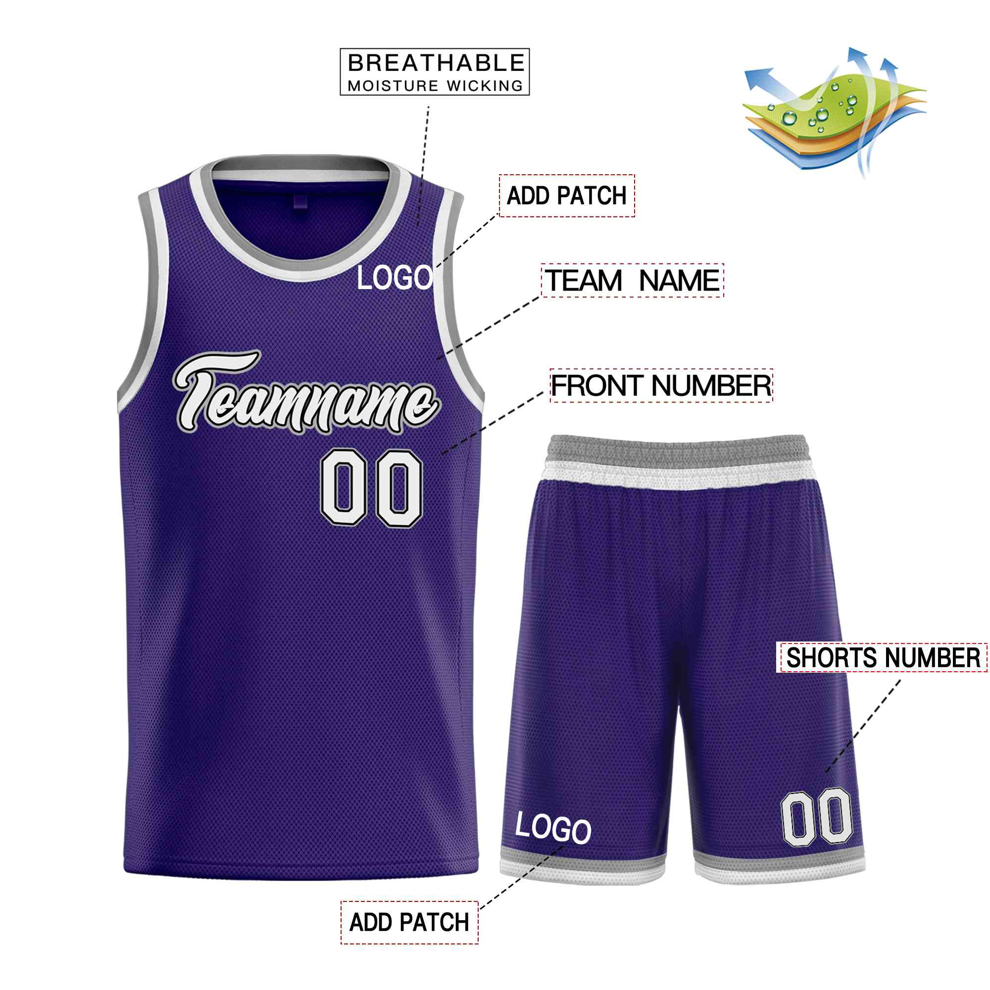 Uniforme de sport de guérison personnalisé violet blanc-noir, ensembles classiques, maillot de basket-ball