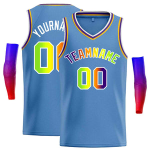 Maillot de basket-ball personnalisé pour hommes, haut classique bleu clair vert-blanc, décontracté