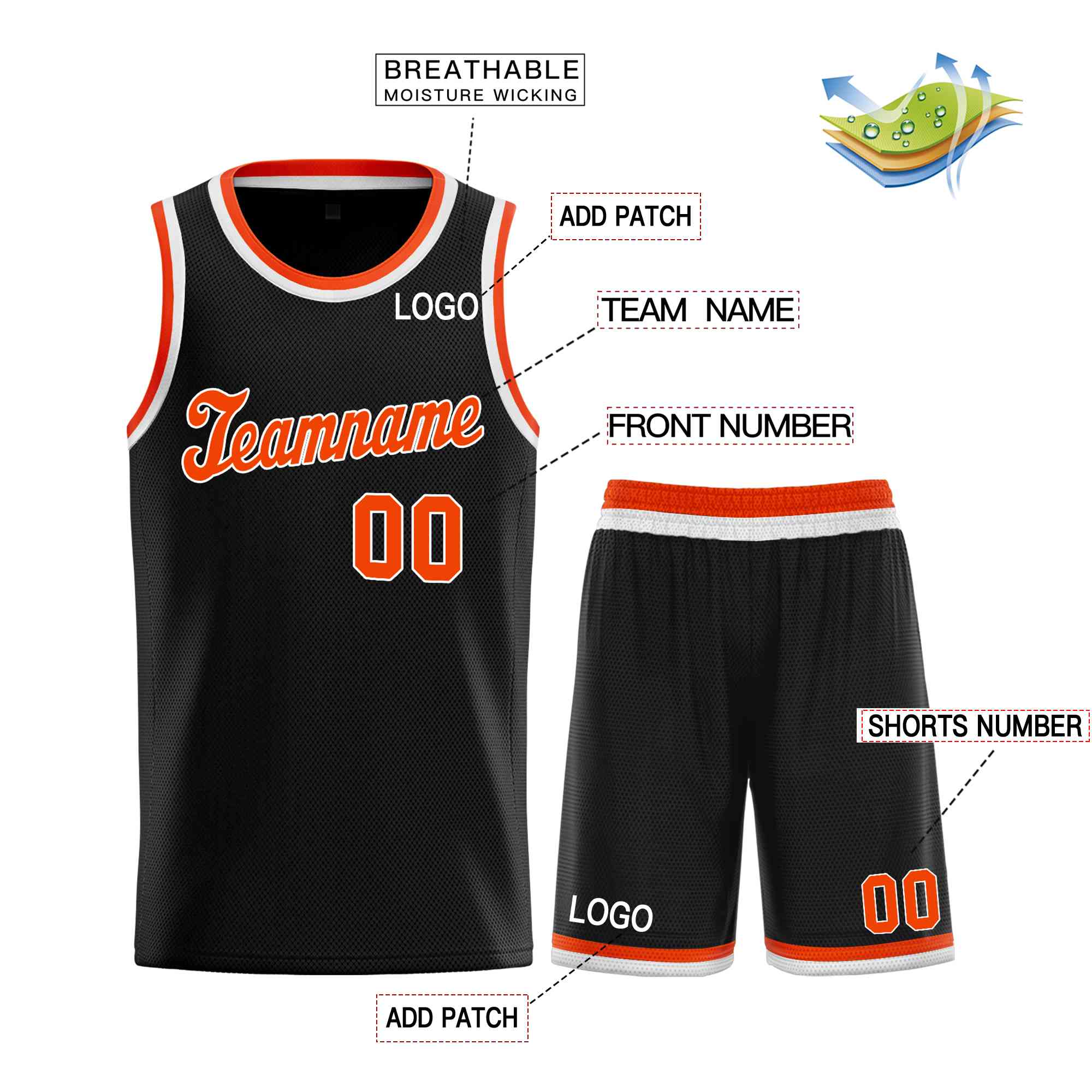 Maillot de basket-ball uniforme de sport personnalisé noir Orange-blanc classique