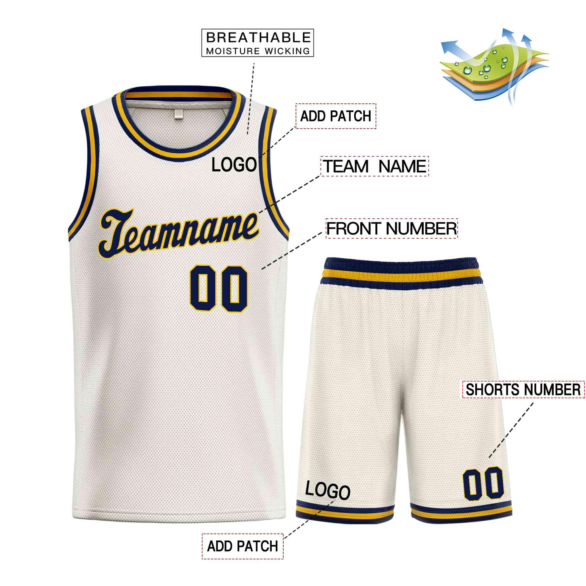 Ensembles classiques jaune marine crème personnalisés, uniforme de sport, maillot de basket-ball