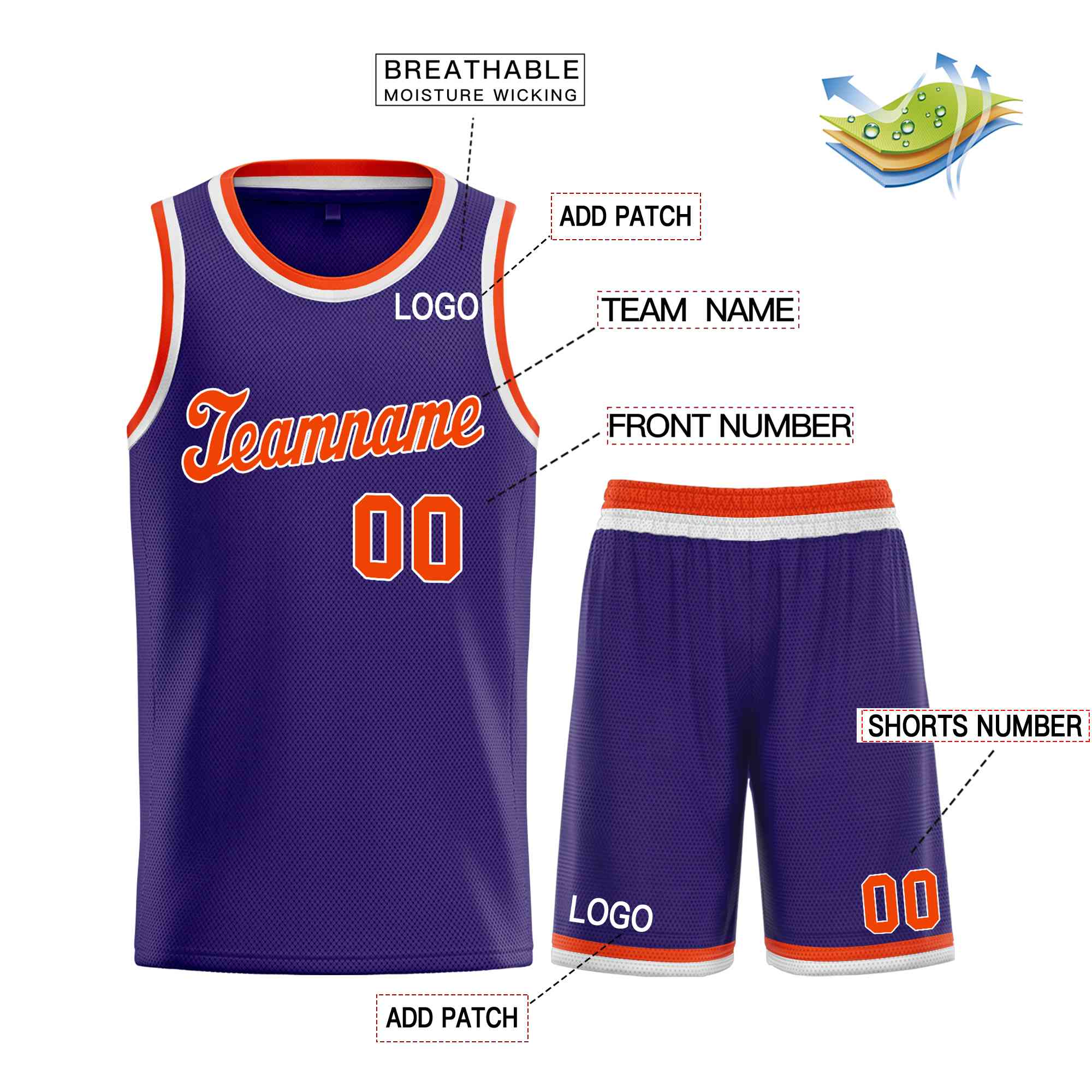 Custom Purple Orange-White Classic Sets Sports Uniform Basketball Jersey