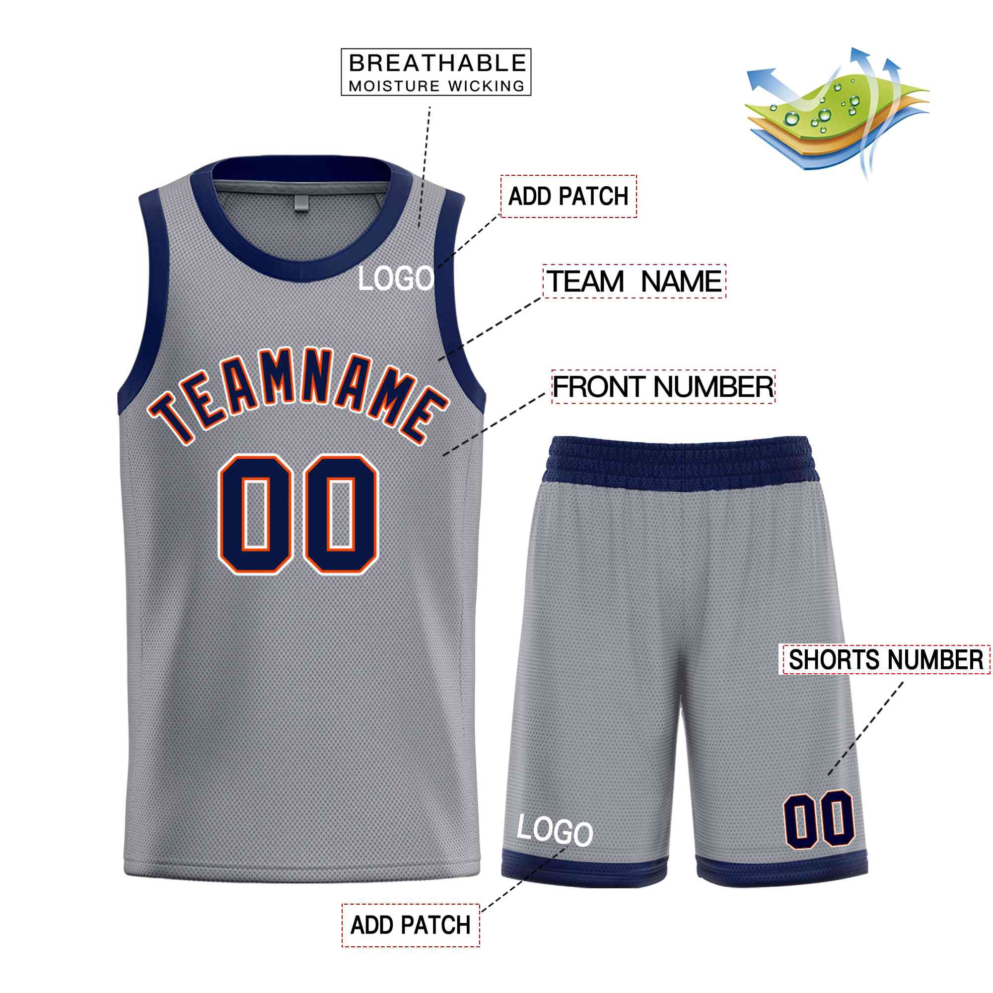 Maillot de basket-ball Bull personnalisé, gris foncé, bleu marine et Orange, ensembles classiques