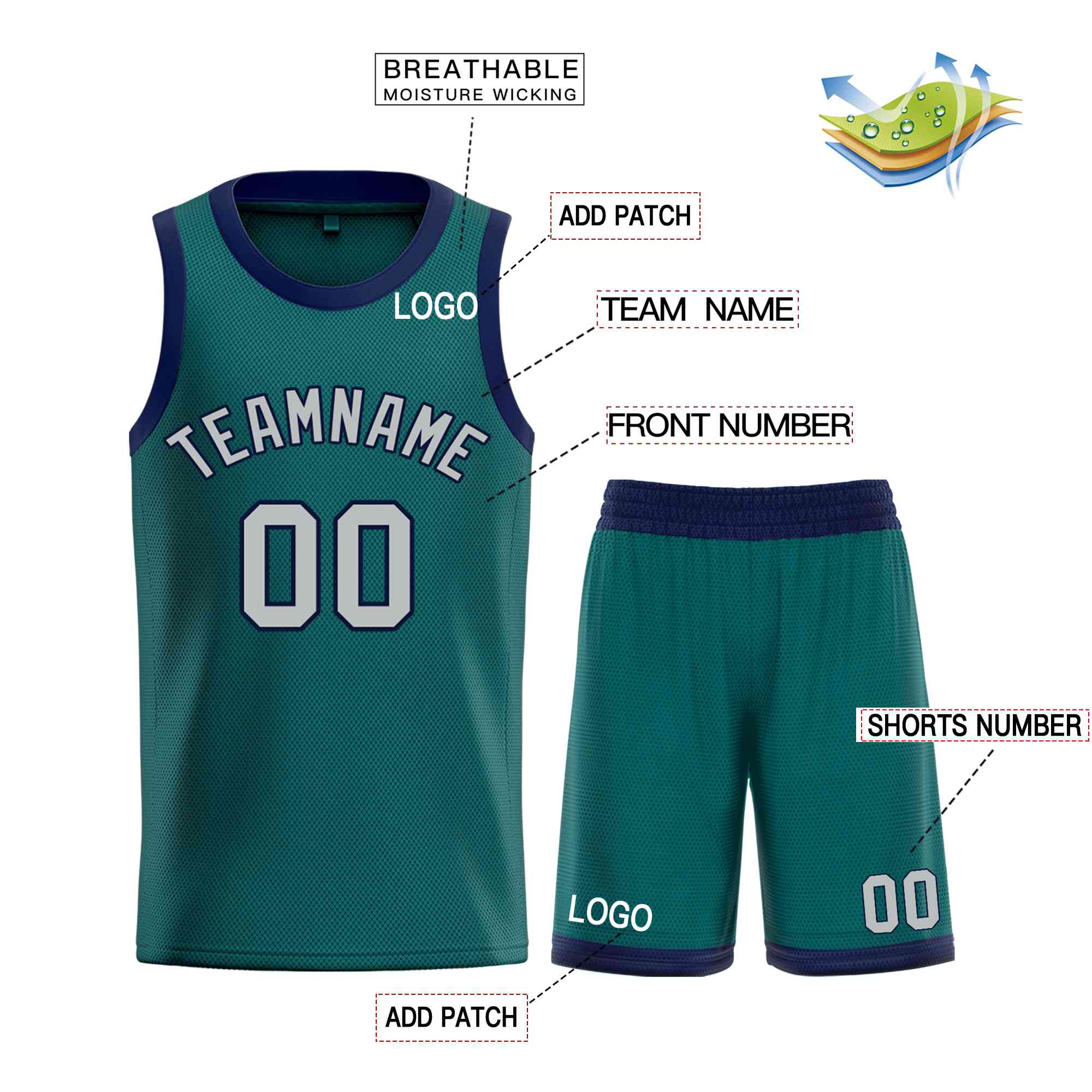 Maillot de basket-ball incurvé personnalisé Aqua gris-marine Bull Classic