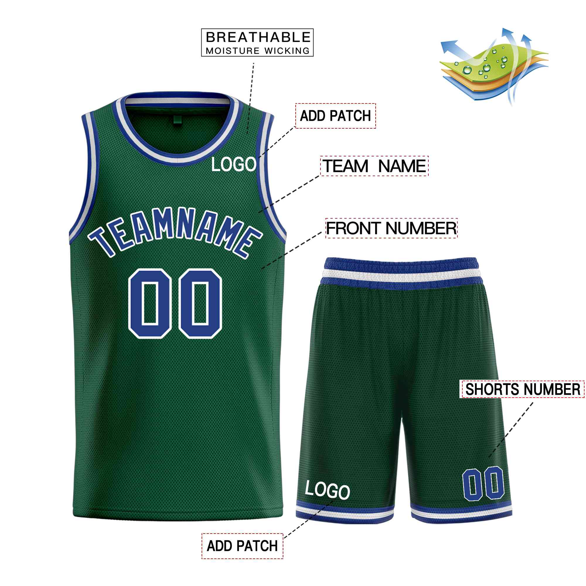 Custom Hunter Green Royal-White Bull Classic Sets Curved Basketball Jersey