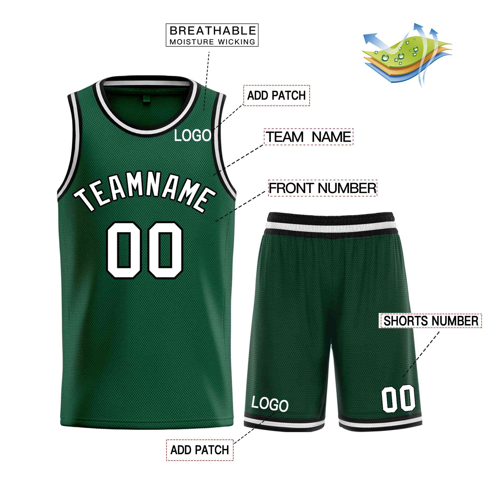 Maillot de basket-ball incurvé personnalisé Hunter vert blanc-noir Bull Classic