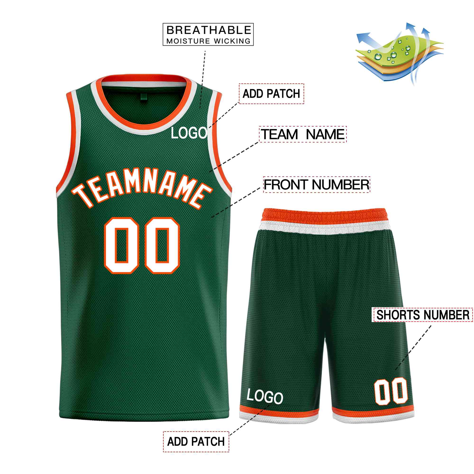 Maillot de basket-ball incurvé personnalisé Hunter vert blanc-Orange Bull Classic