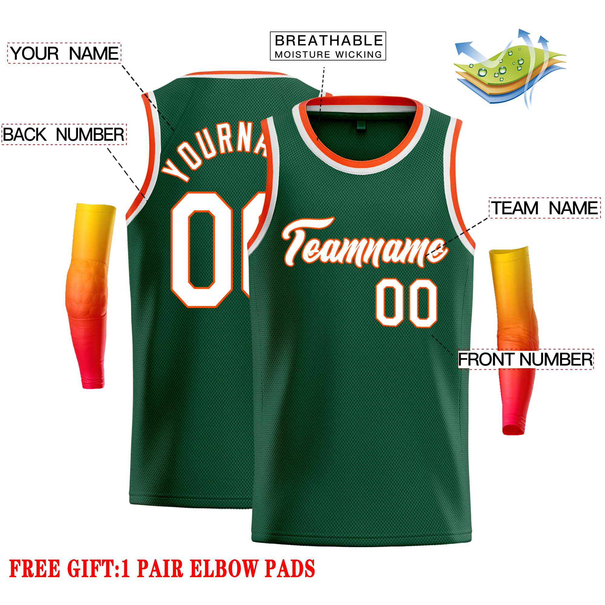 Maillot de basket-ball décontracté, haut classique vert blanc-Orange personnalisé