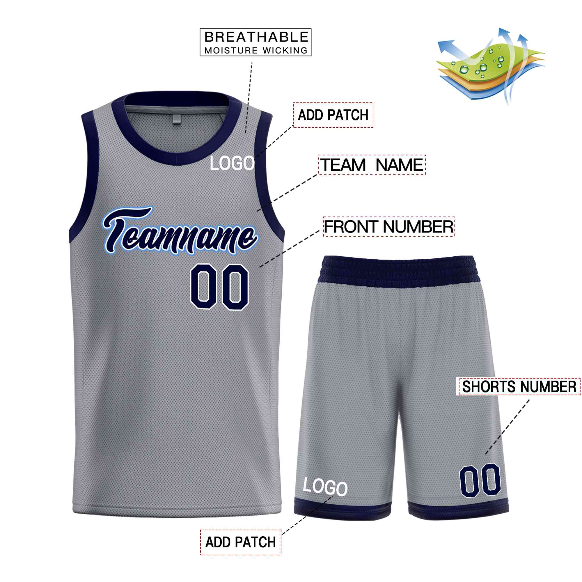 Uniforme de sport personnalisé gris foncé, bleu marine-poudre, ensembles classiques, maillot de basket-ball