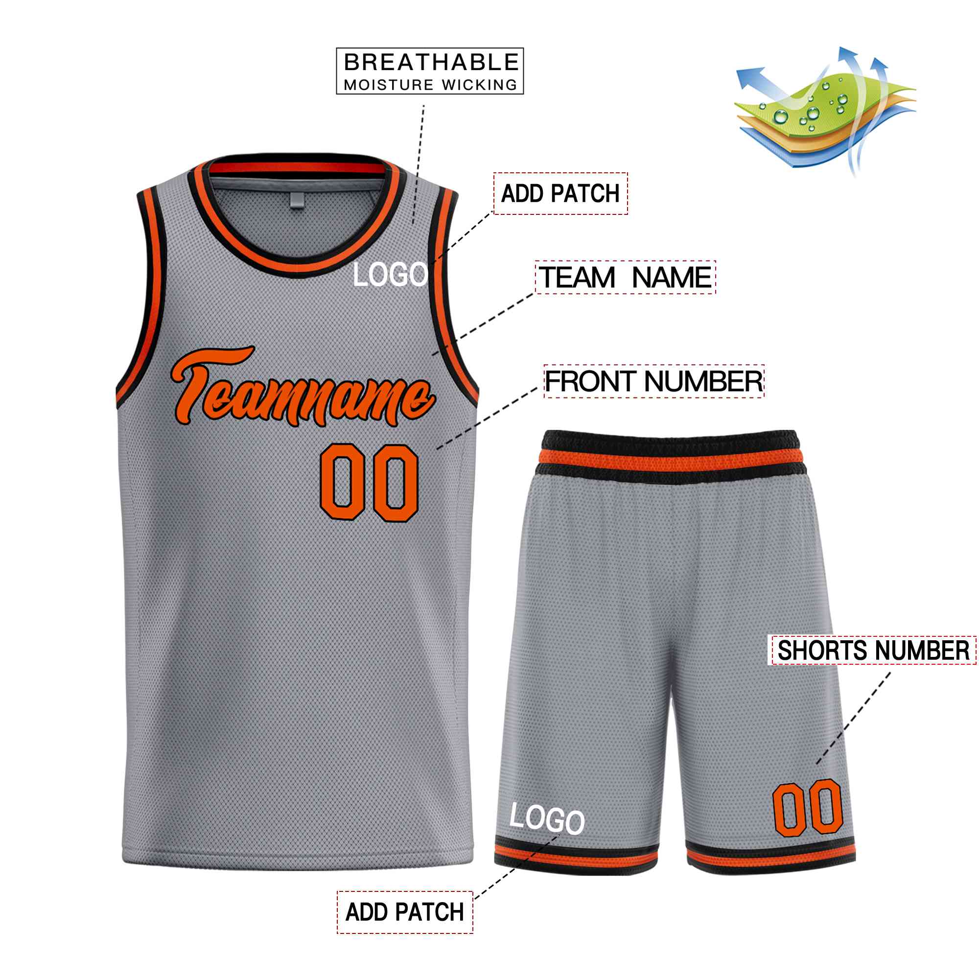 Uniforme de sport de guérison personnalisé gris foncé Orange-noir, ensembles classiques, maillot de basket-ball