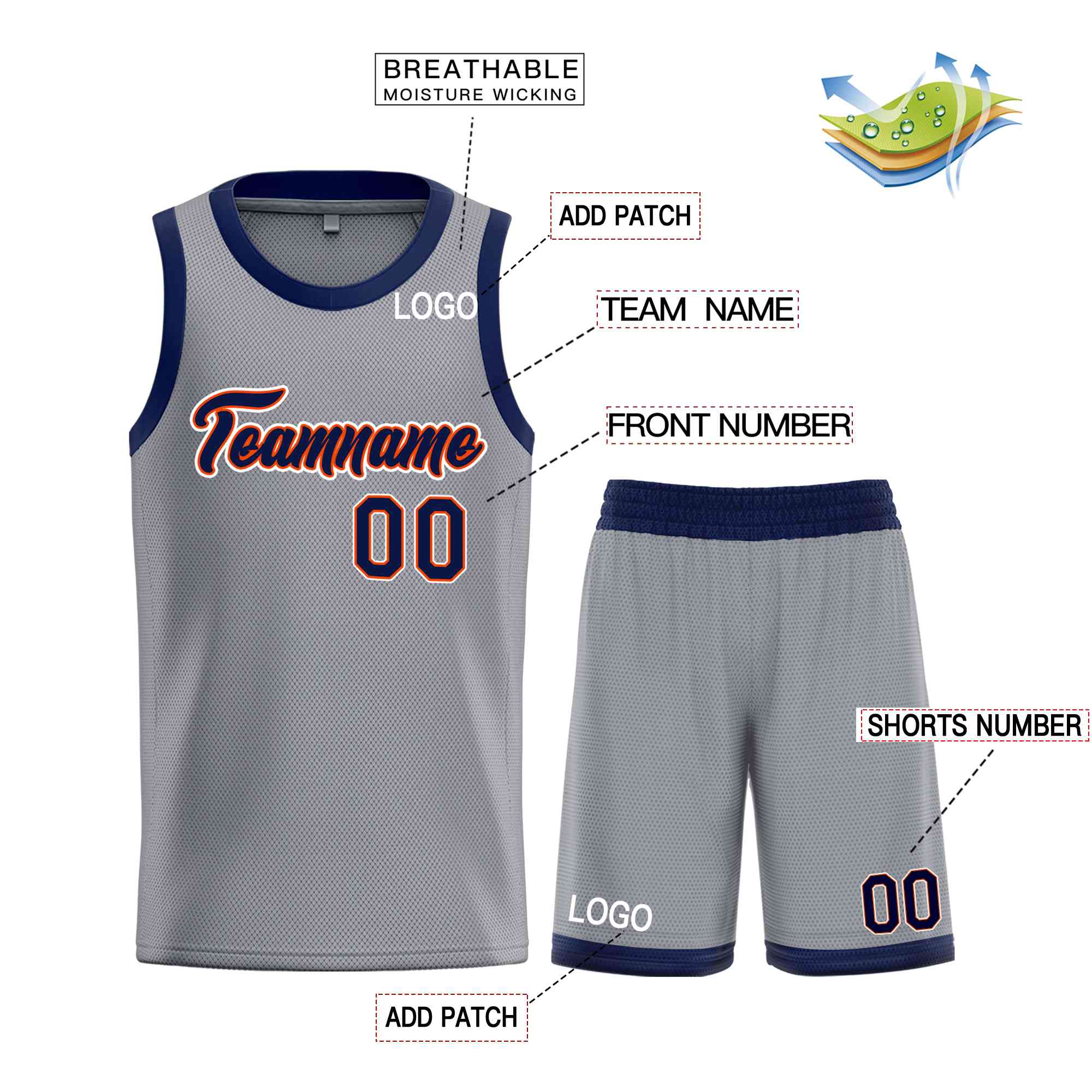 Uniforme de sport personnalisé gris foncé, bleu marine-Orange, ensembles classiques, maillot de basket-ball