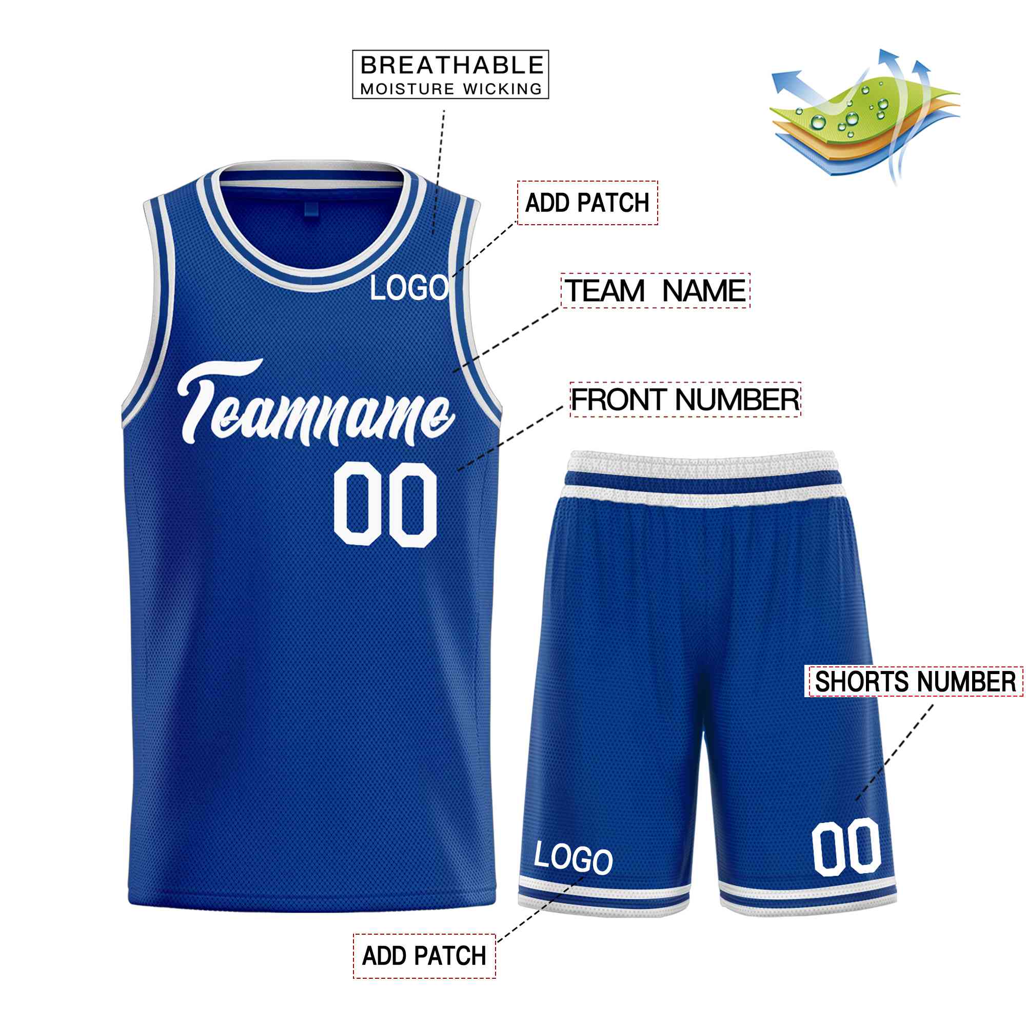 Uniforme de sport personnalisé Royal White Heal, ensembles classiques de maillot de basket-ball