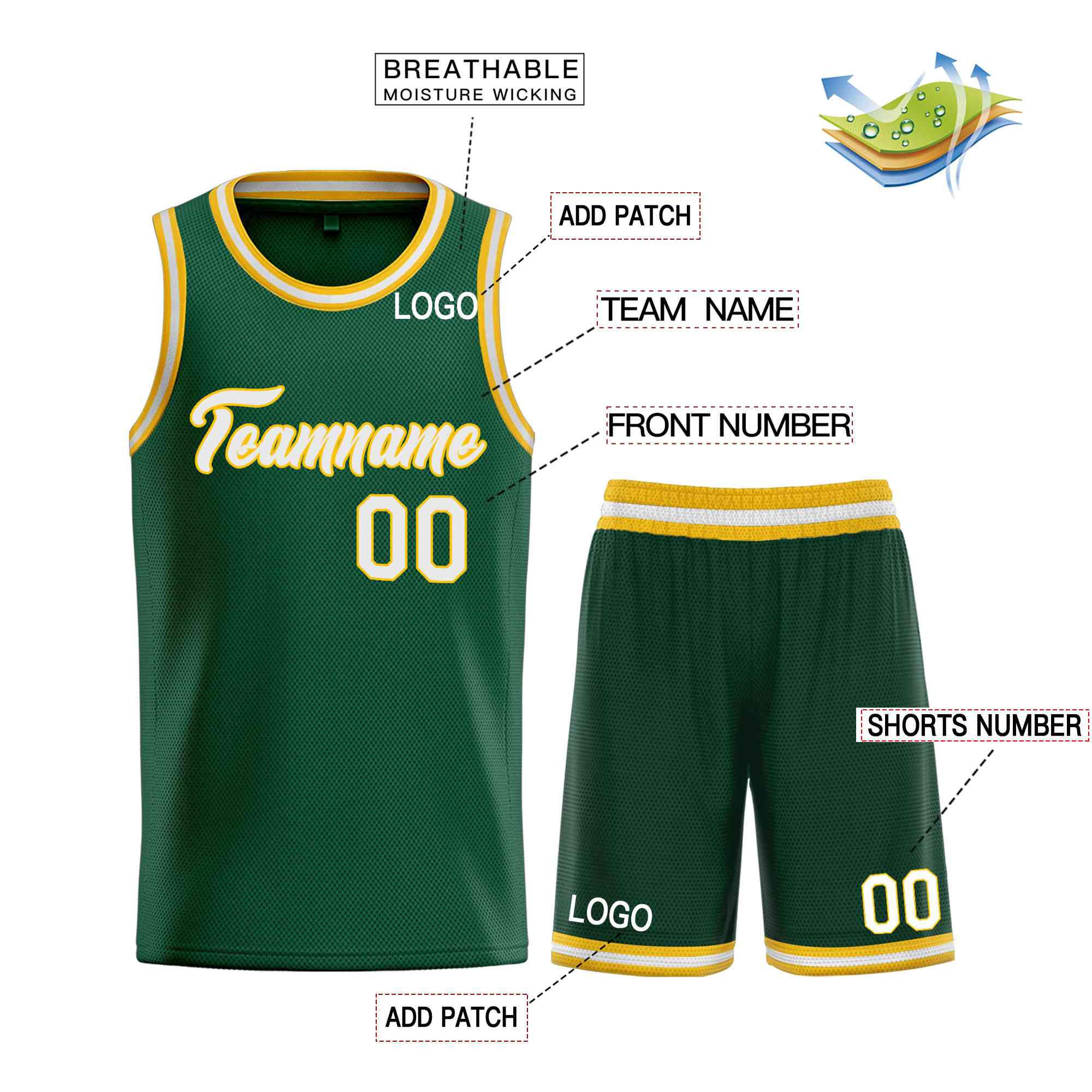 Uniforme de sport de guérison personnalisé vert blanc-jaune, ensembles classiques, maillot de basket-ball