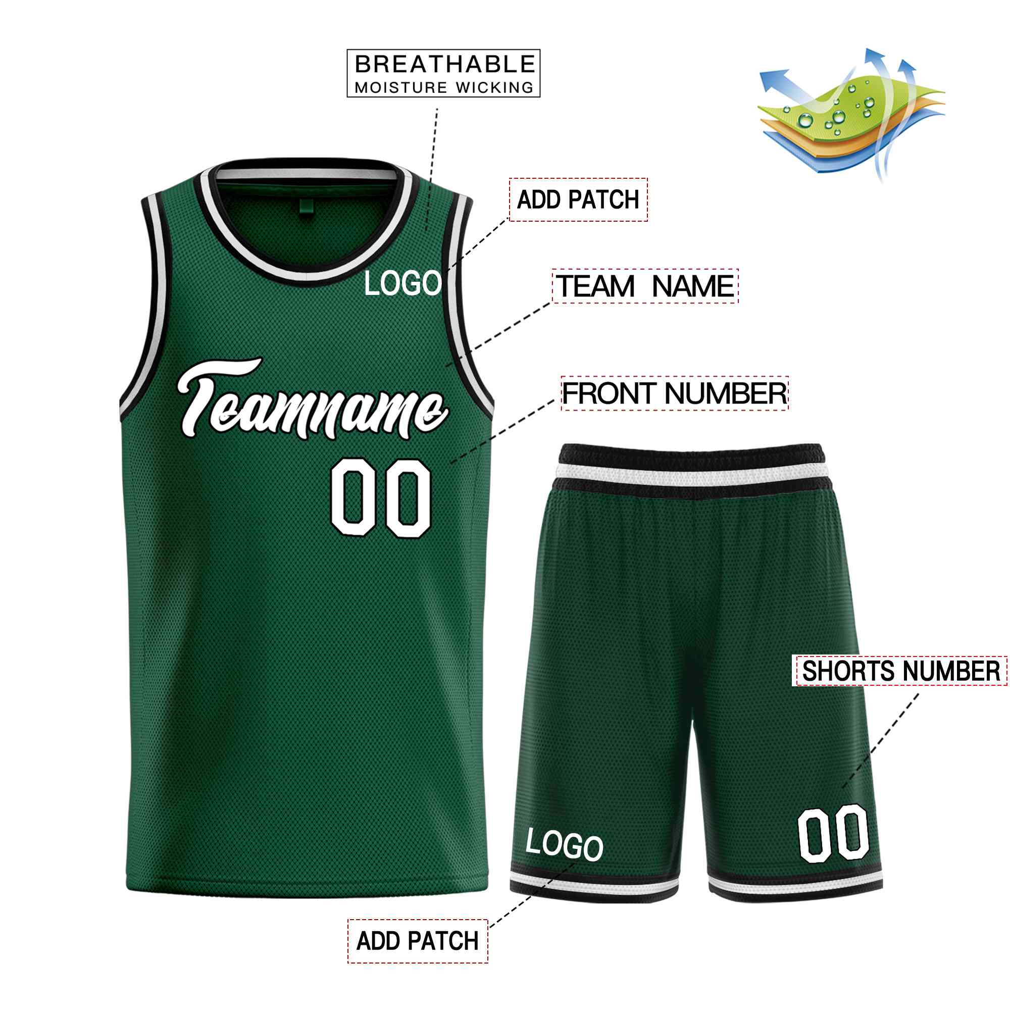 Uniforme de sport de guérison personnalisé vert blanc-noir, ensembles classiques, maillot de basket-ball