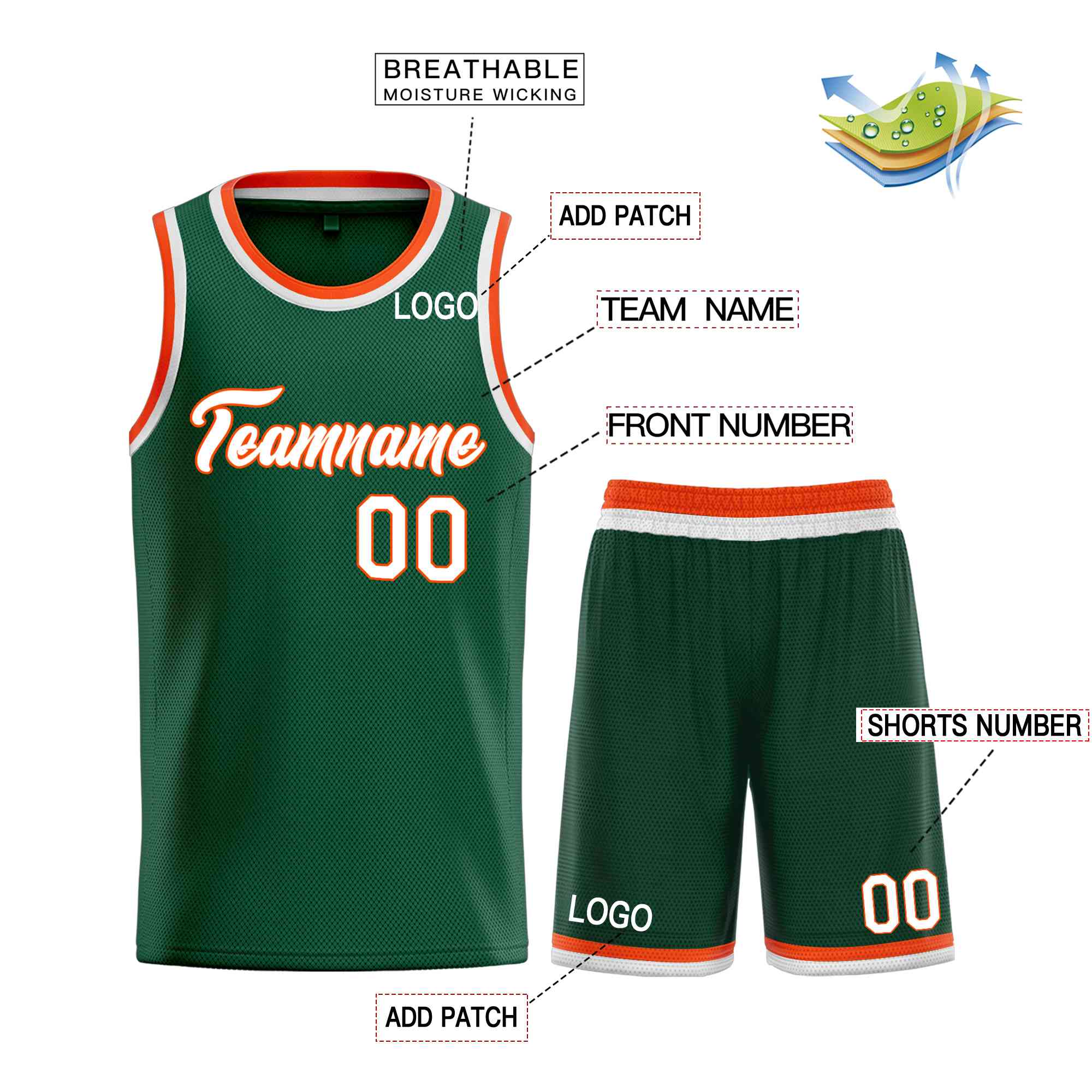 Uniforme de sport de guérison personnalisé vert blanc-Orange, ensembles classiques, maillot de basket-ball