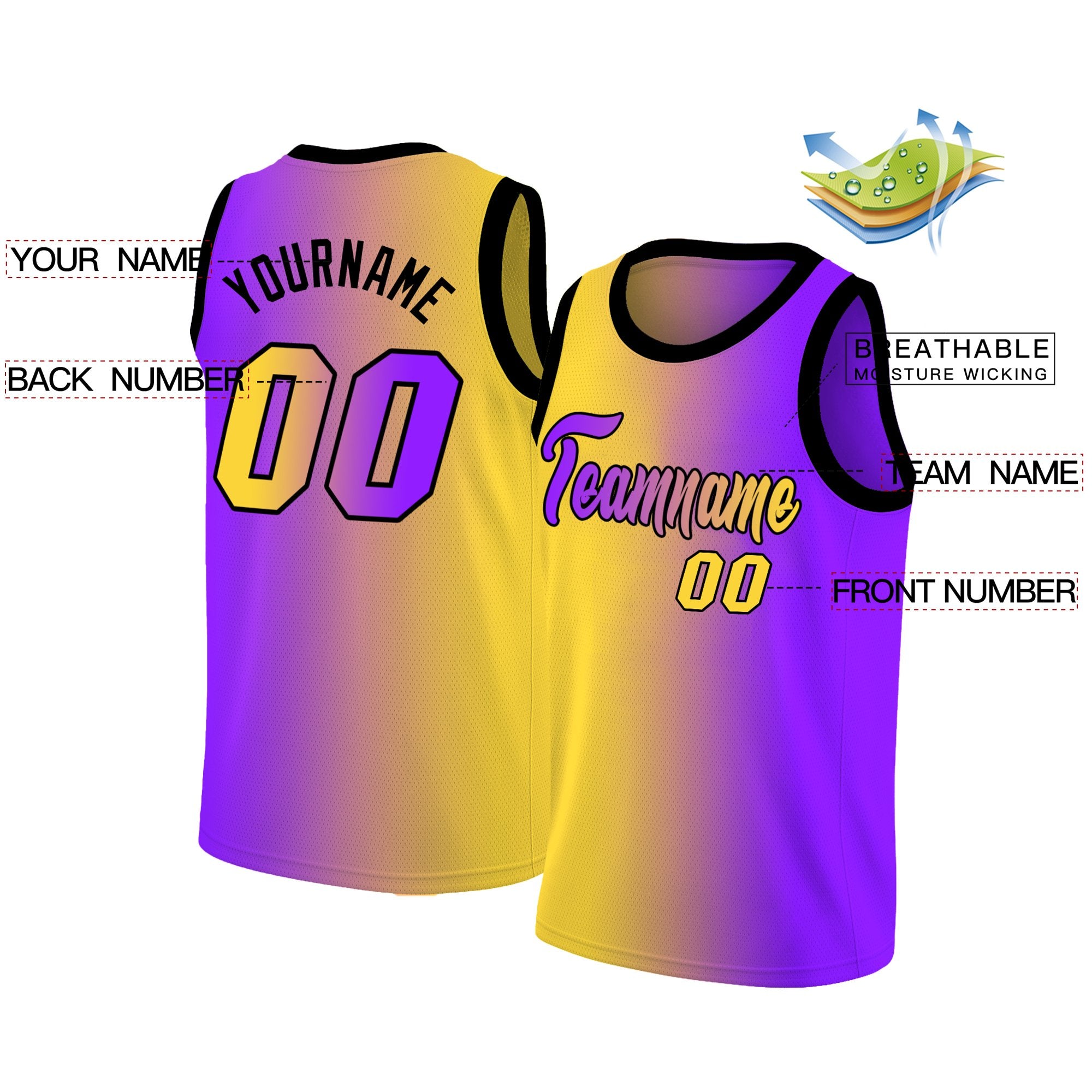 Maillot de basket-ball personnalisé, dégradé jaune violet, hauts à la mode