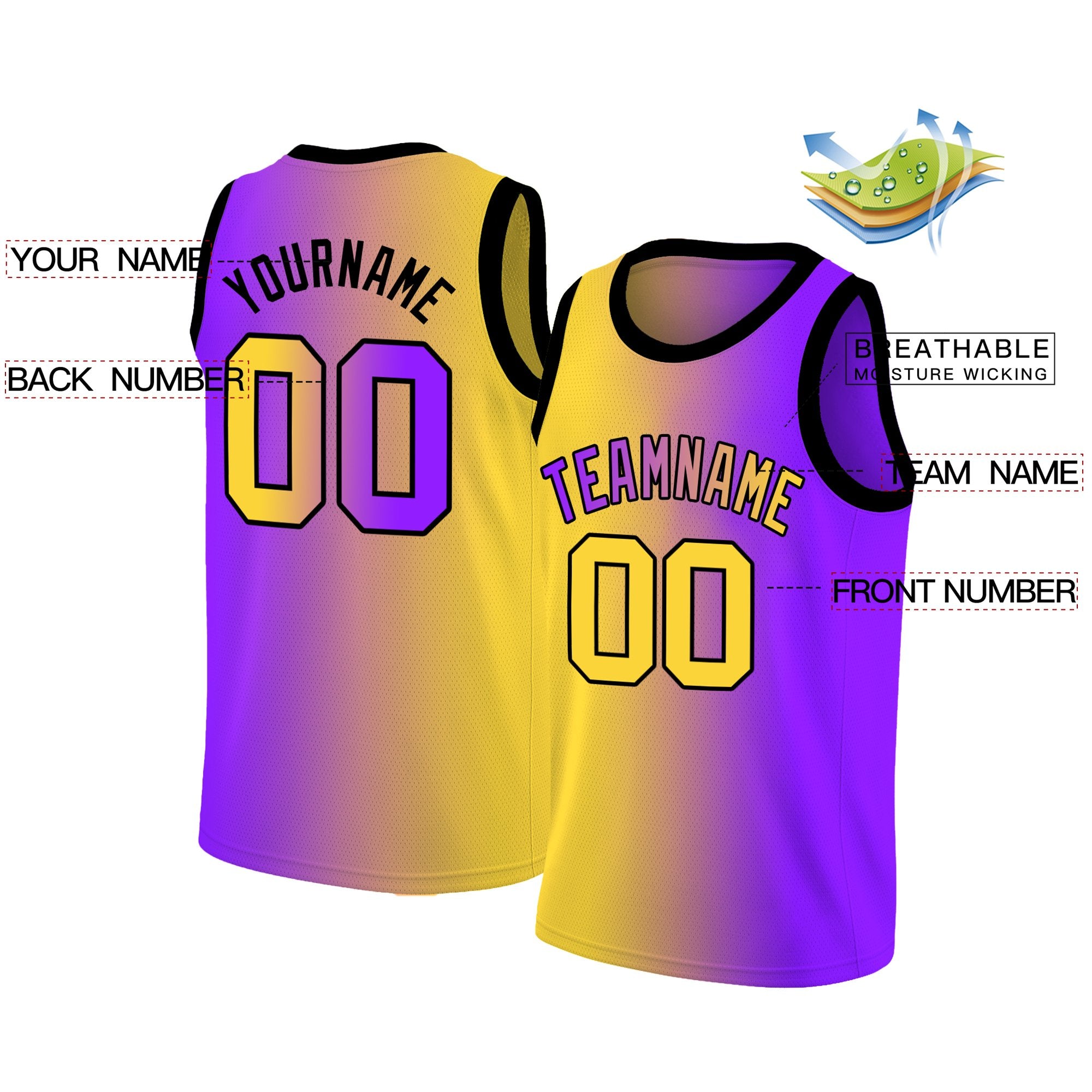 Maillot de basket-ball personnalisé, dégradé jaune violet, hauts à la mode