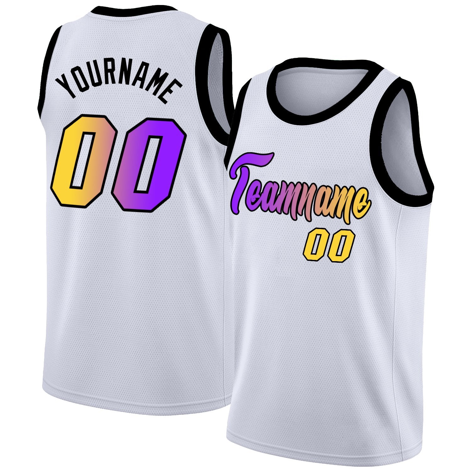 Maillot de basket-ball personnalisé, blanc, jaune, violet, dégradé, hauts à la mode