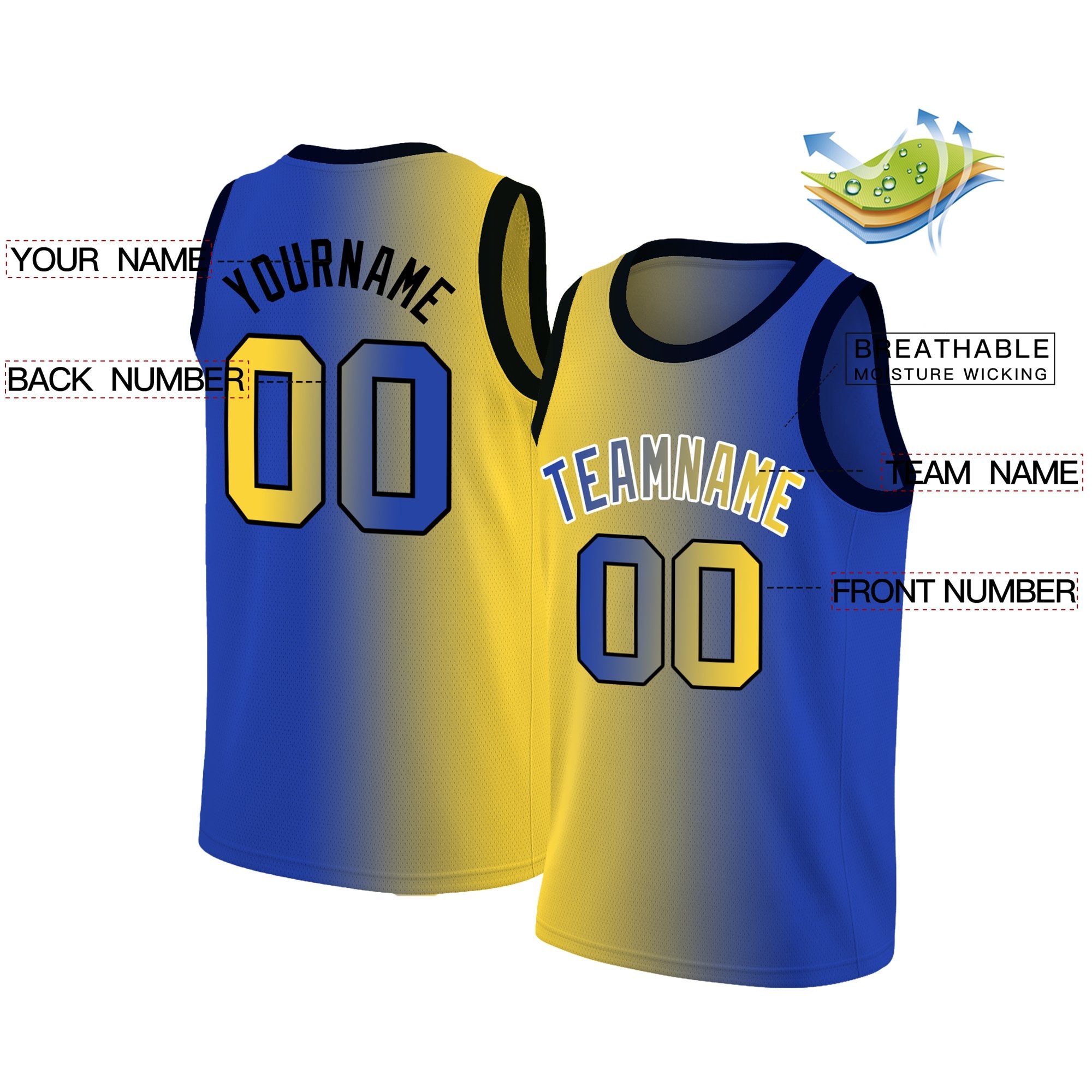 Maillot de basket-ball personnalisé, dégradé Royal jaune, hauts à la mode