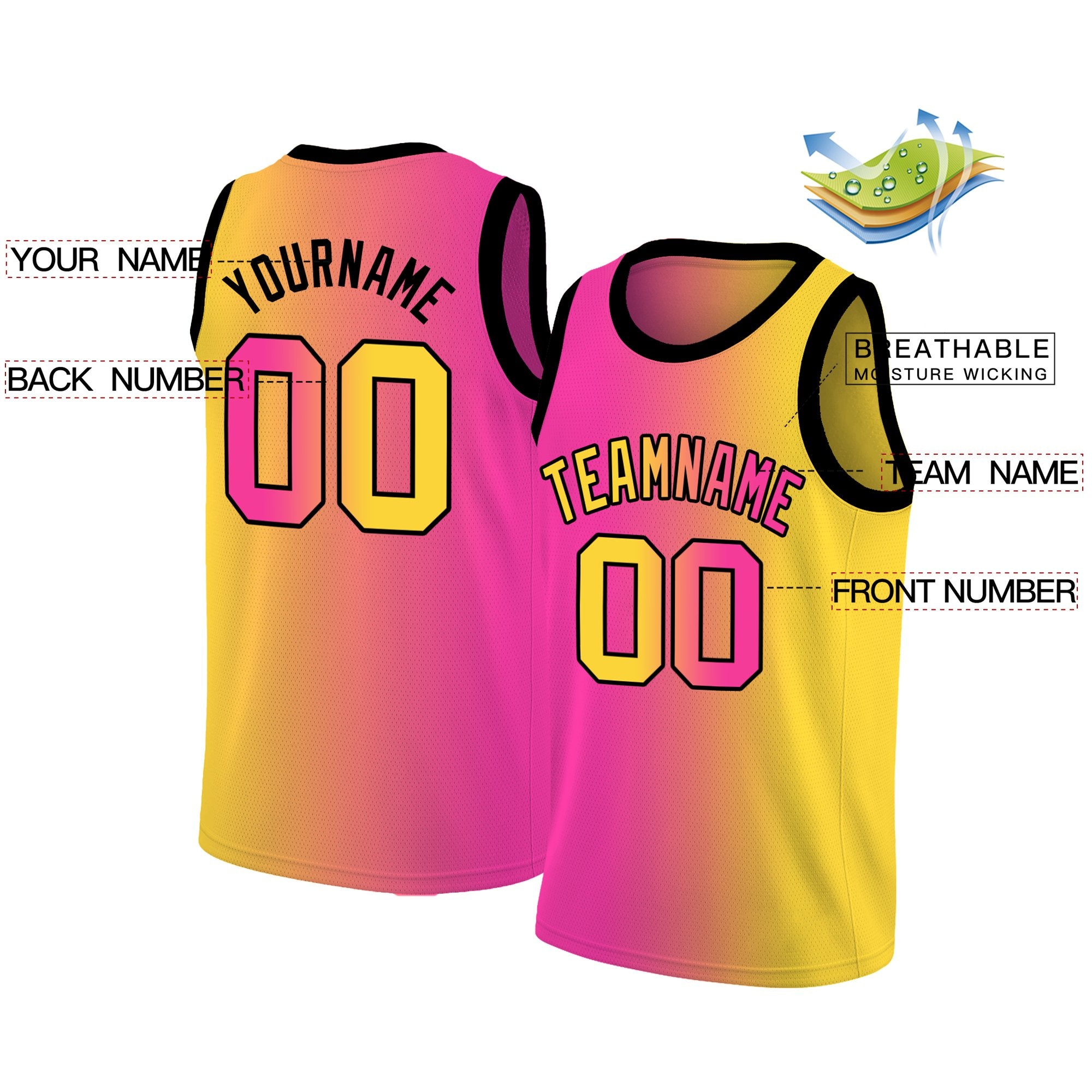 Maillot de basket-ball personnalisé, dégradé rose jaune-noir, hauts à la mode