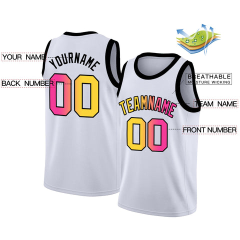 Custom White Yellow-Pink Gradient Fashion Tops Basketball Jersey