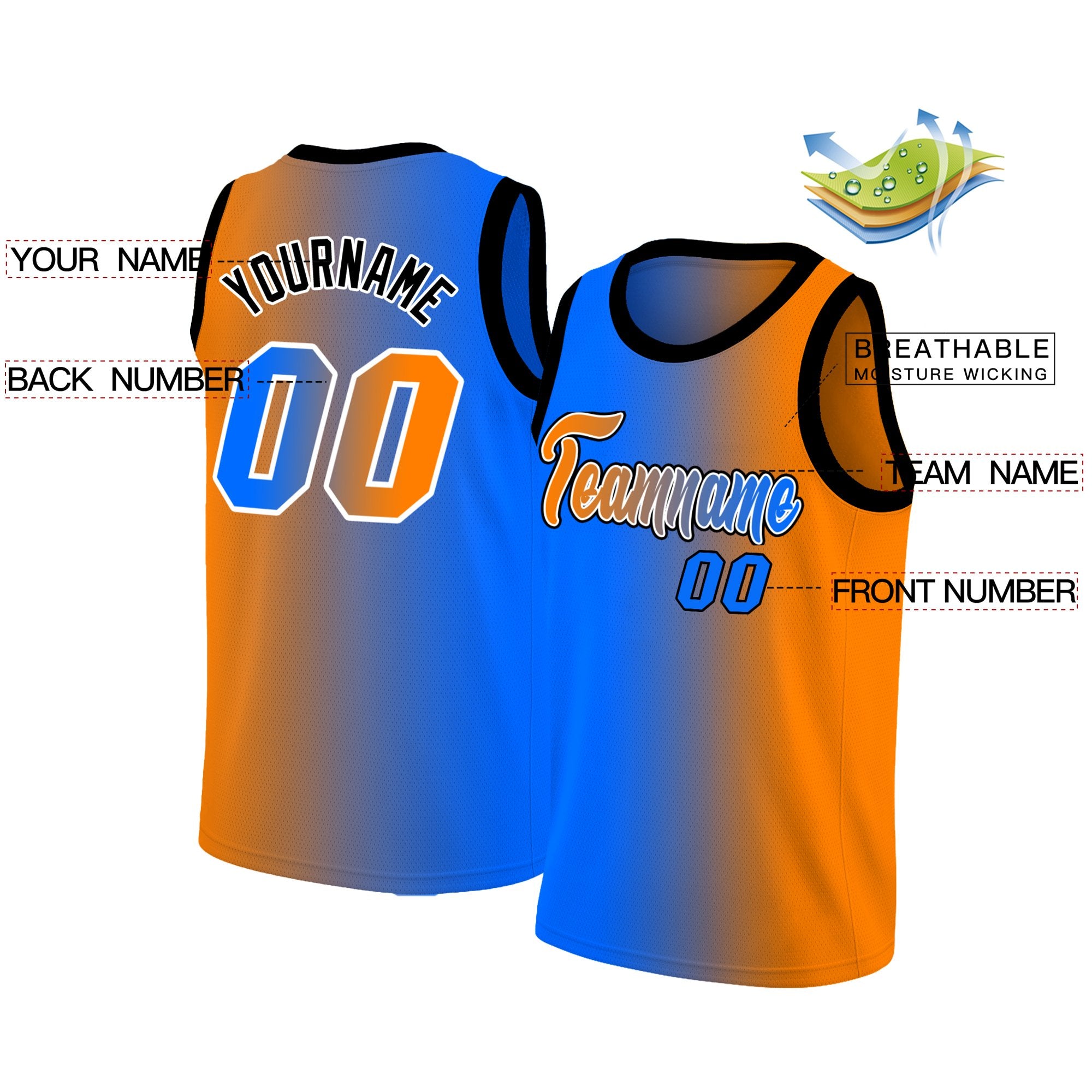 Custom Blue Orange-Black Gradient Fashion Tops Basketball Jersey