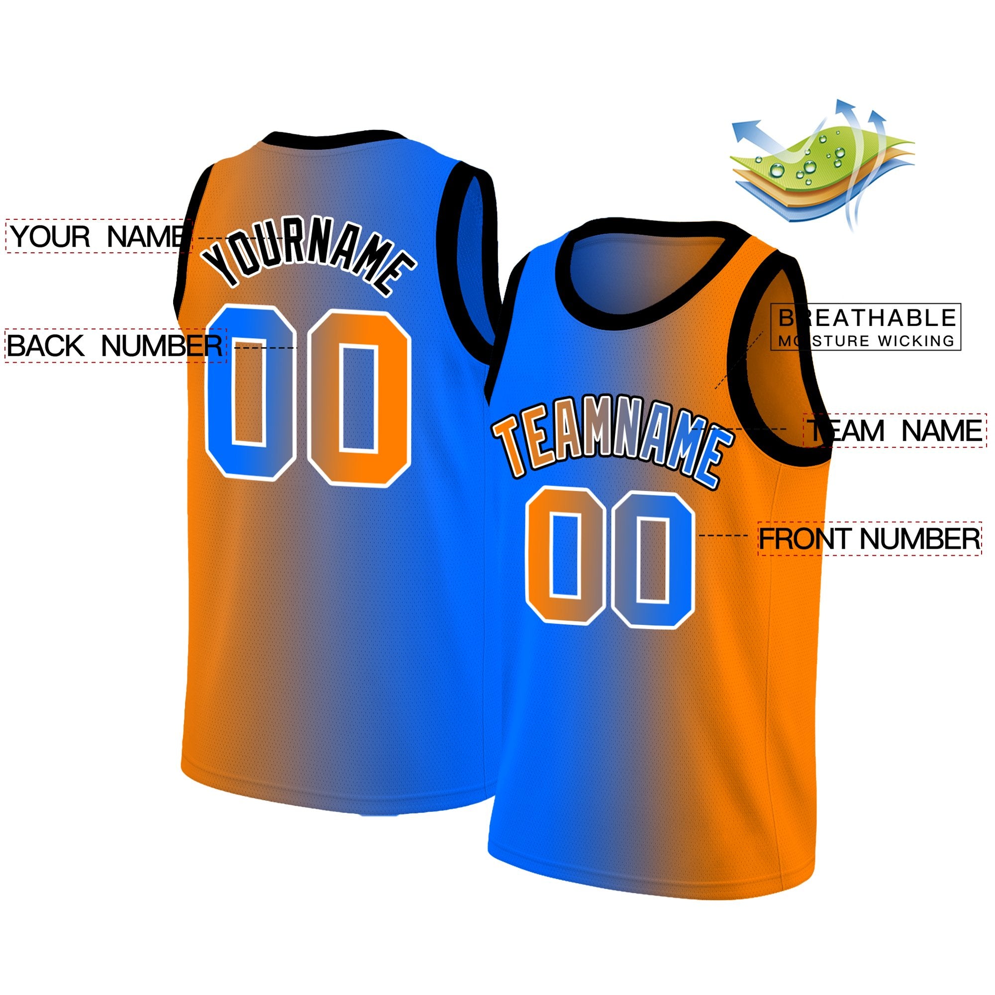 Custom Blue Orange-Black Gradient Fashion Tops Basketball Jersey