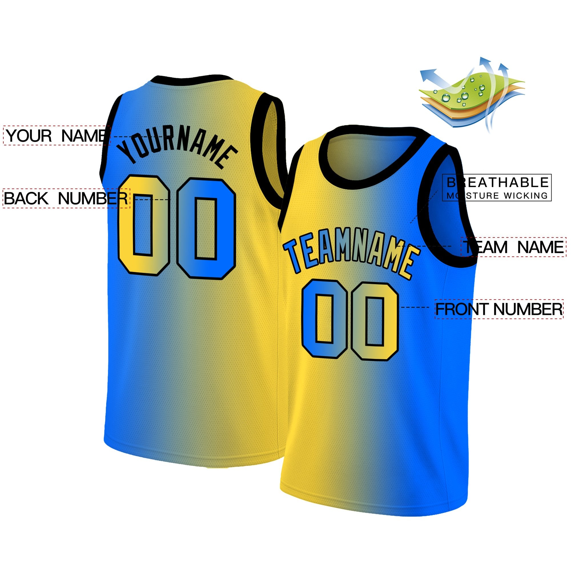 Maillot de basket-ball personnalisé, jaune, bleu, noir, dégradé, hauts à la mode