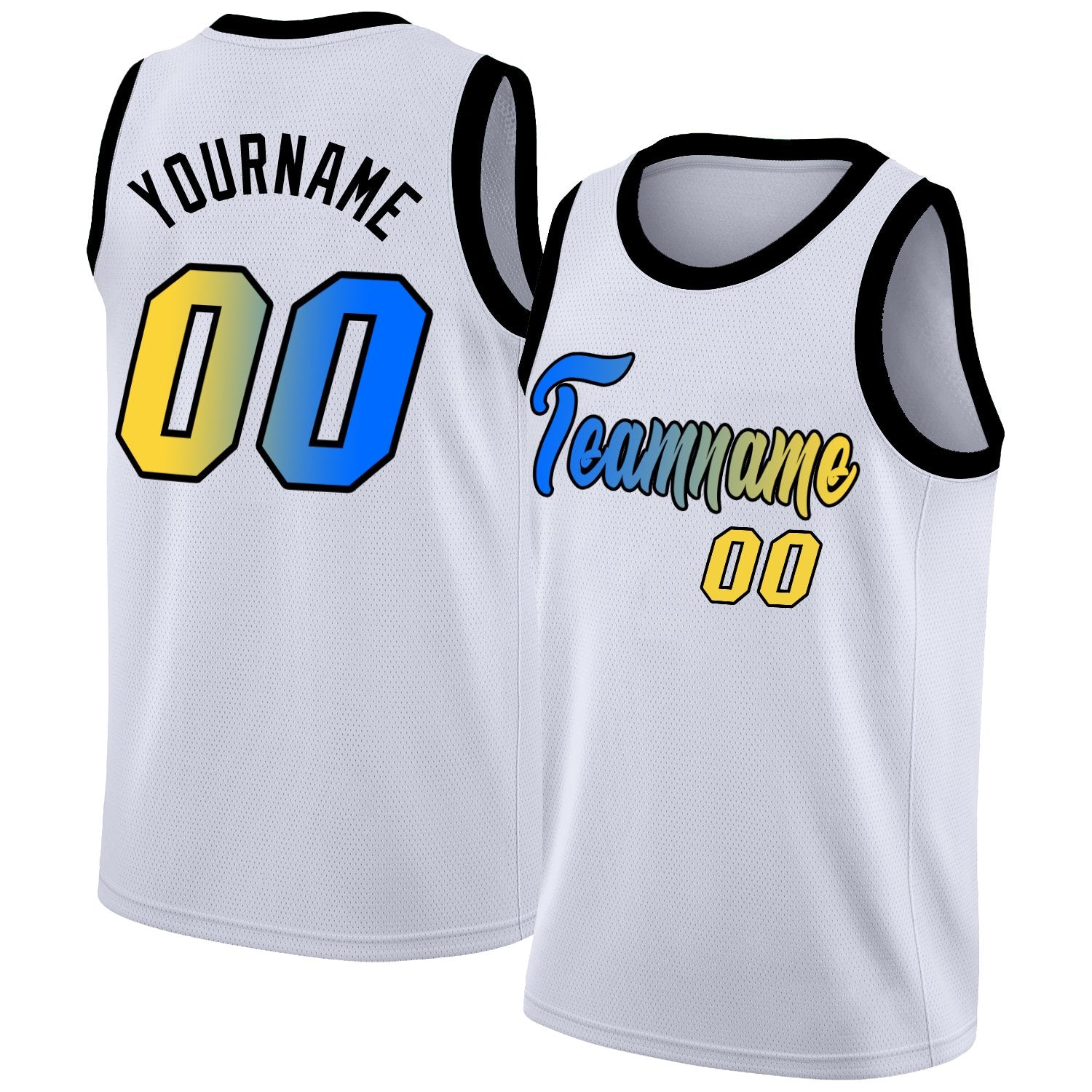 Custom White Blue-Yellow Black Gradient Fashion Tops Basketball Jersey