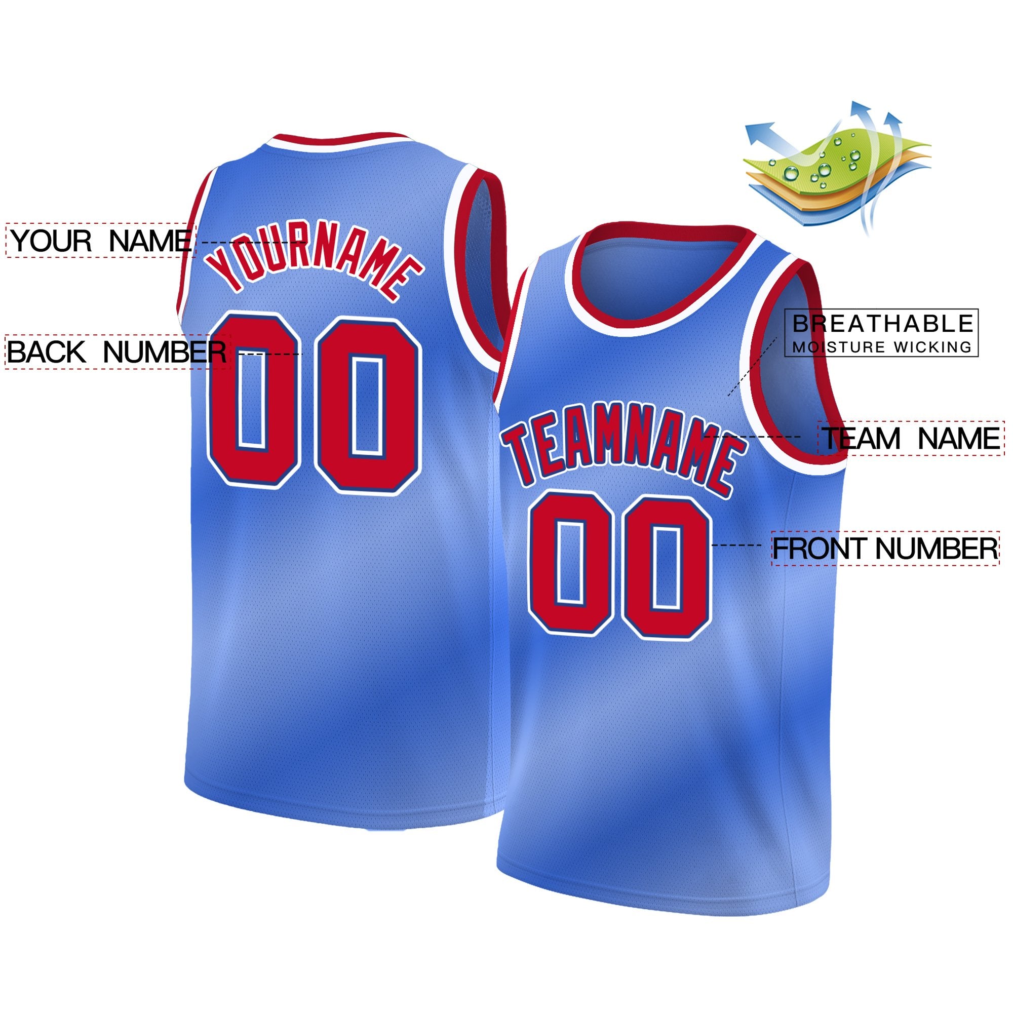 Custom Blue White-Red Navy Gradient Fashion Tops Basketball Jersey