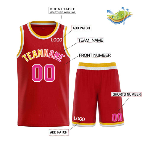 Custom Red Pink-White Classic Sets Curved Basketball Jersey