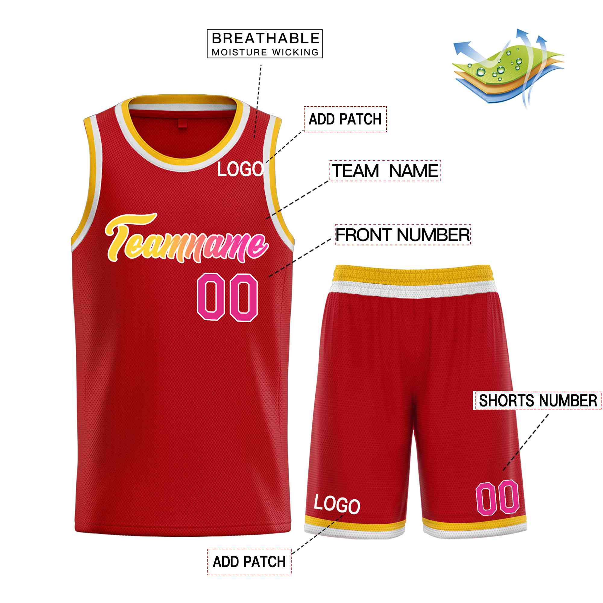 Uniforme de sport personnalisé rouge jaune-blanc, ensembles classiques de basket-ball, maillot de basket-ball