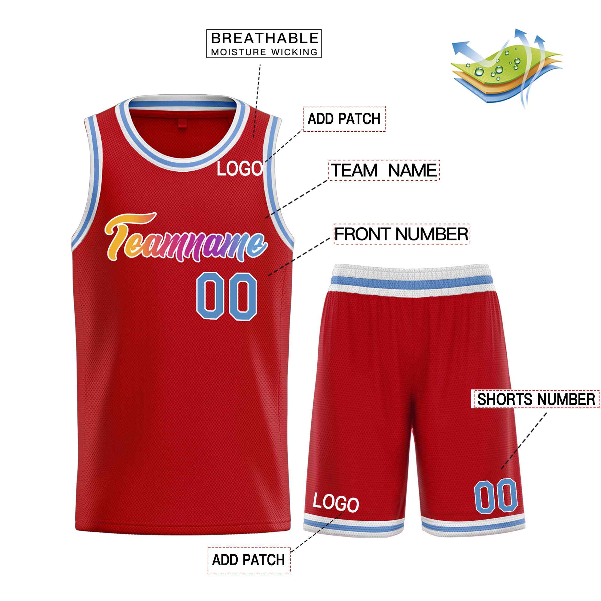 Custom Red Powder Blue-White Heal Sports Uniform Classic Sets Basketball Jersey