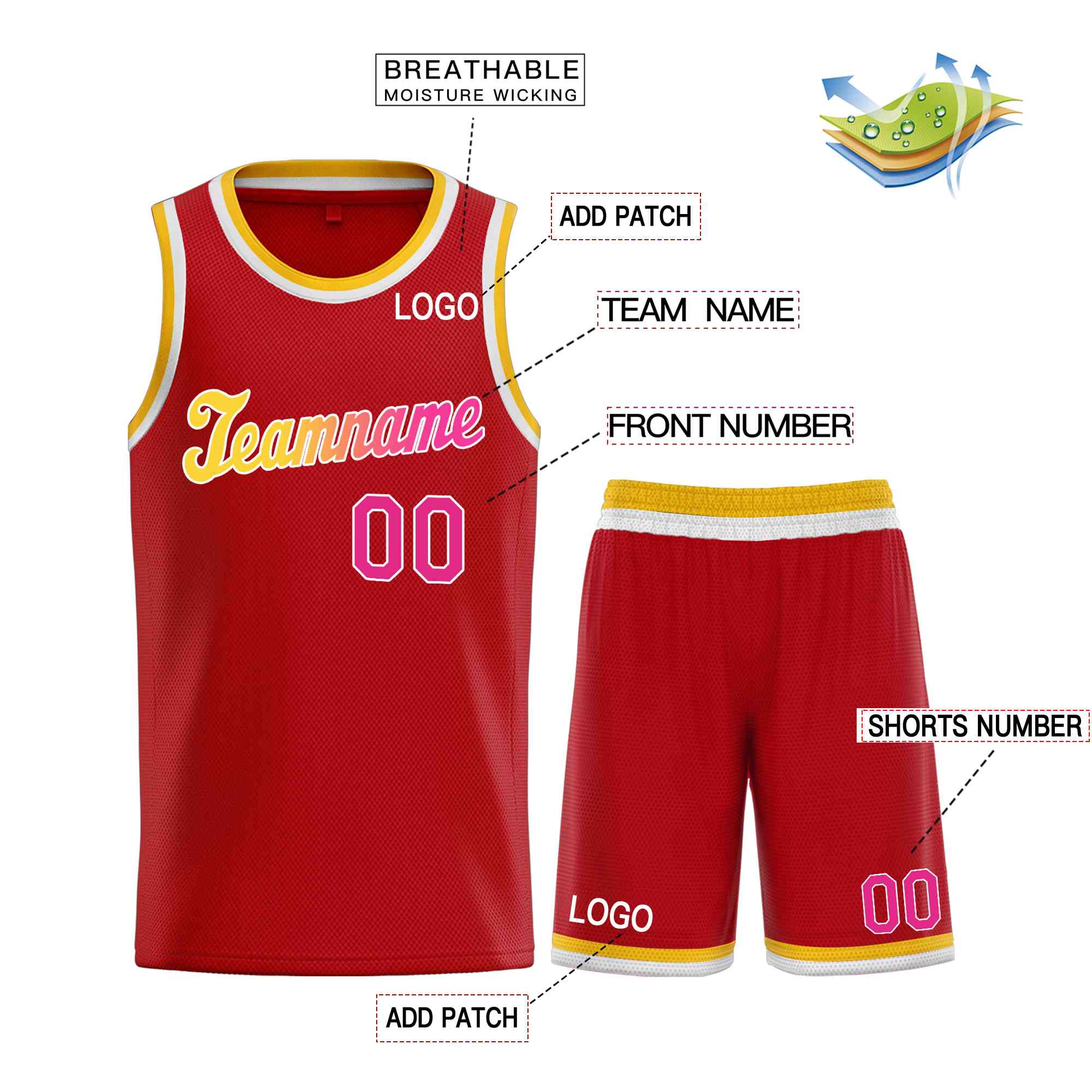 Maillot de basket-ball uniforme de sport, ensembles classiques rouge jaune-blanc personnalisés