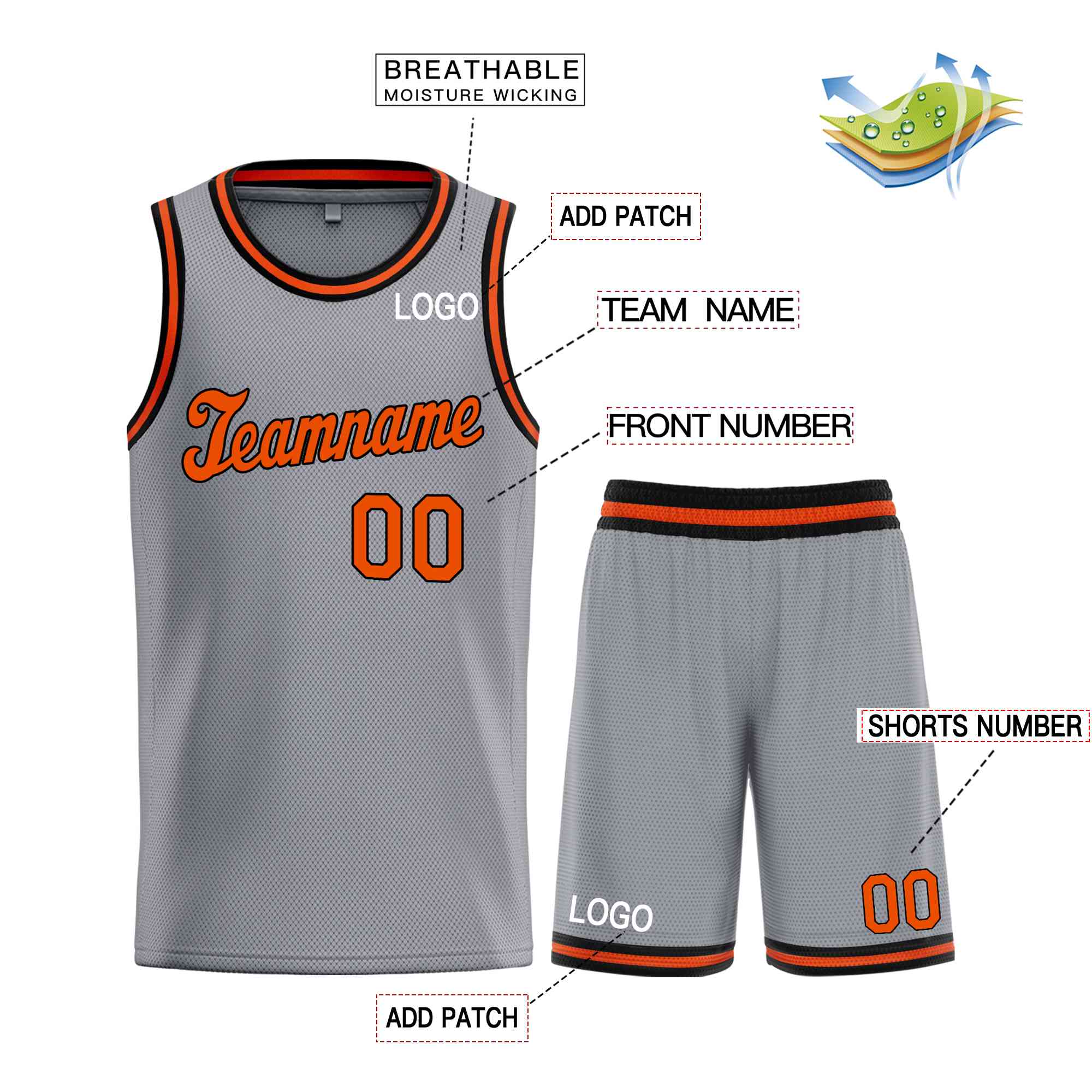 Maillot de basket-ball uniforme de sport, ensembles classiques gris foncé Orange-noir personnalisés