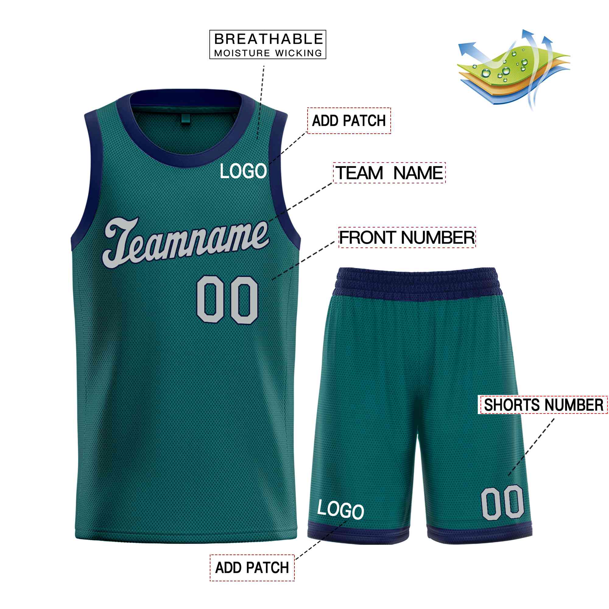 Maillot de basket-ball uniforme de sport personnalisé Aqua gris-marine classique