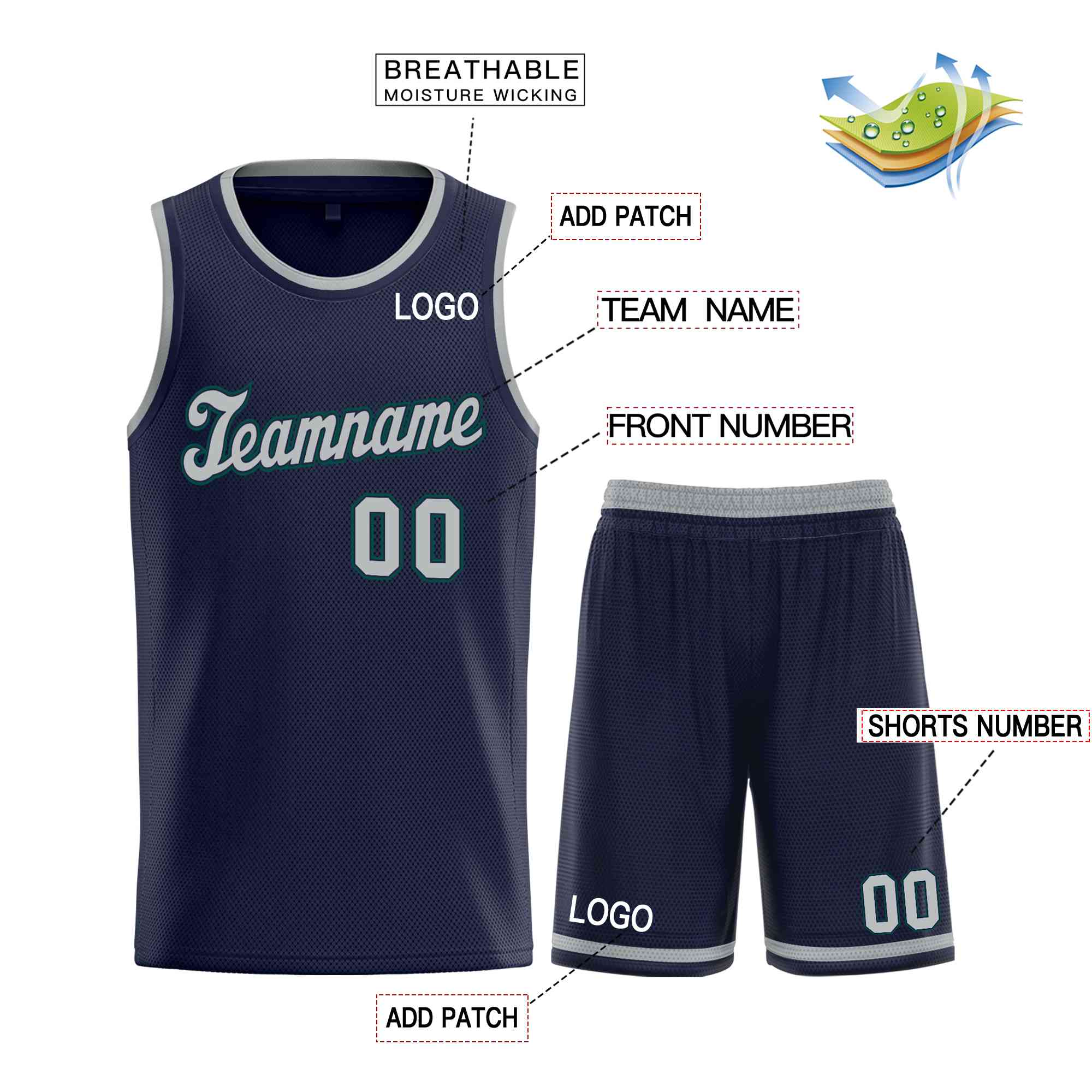 Ensembles classiques gris foncé marine personnalisés, maillot de basket-ball uniforme de sport