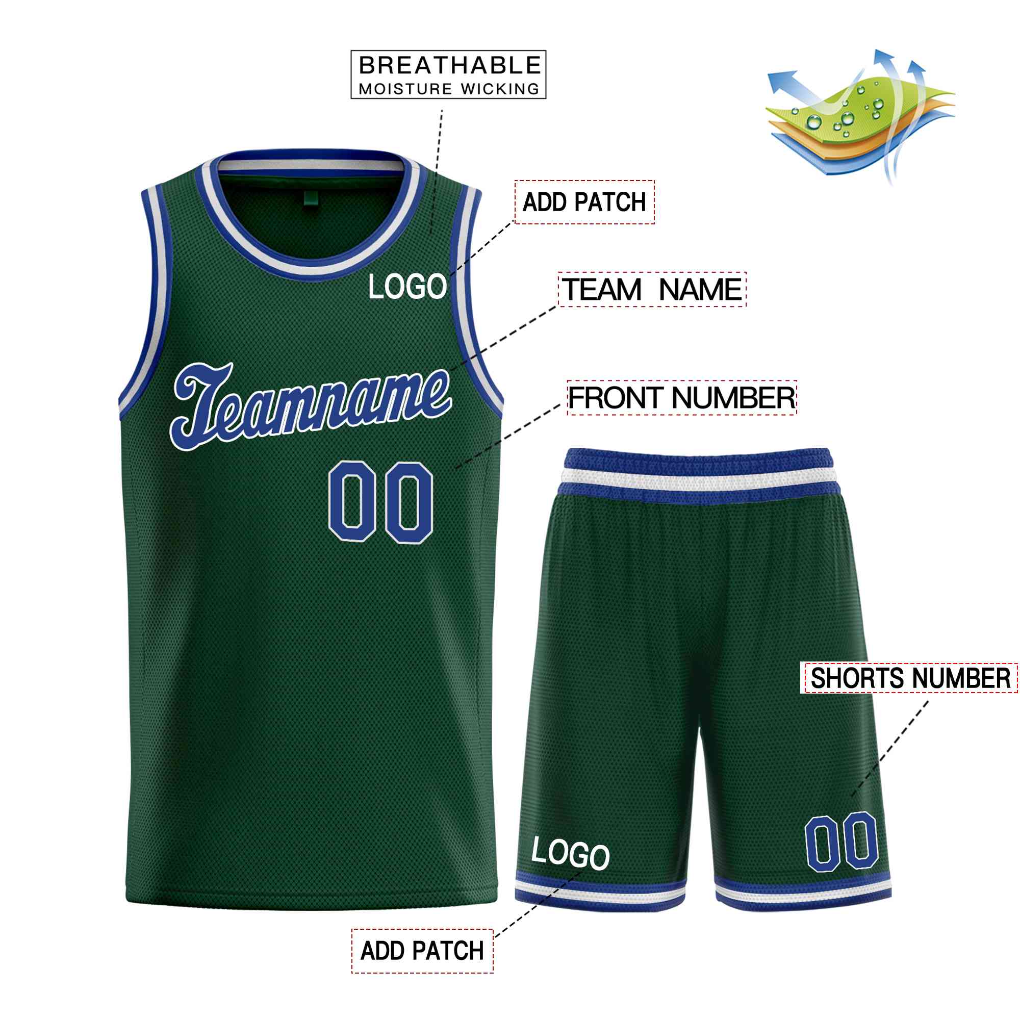 Maillot de basket-ball personnalisé, uniforme de sport vert Royal-blanc, ensembles classiques personnalisés