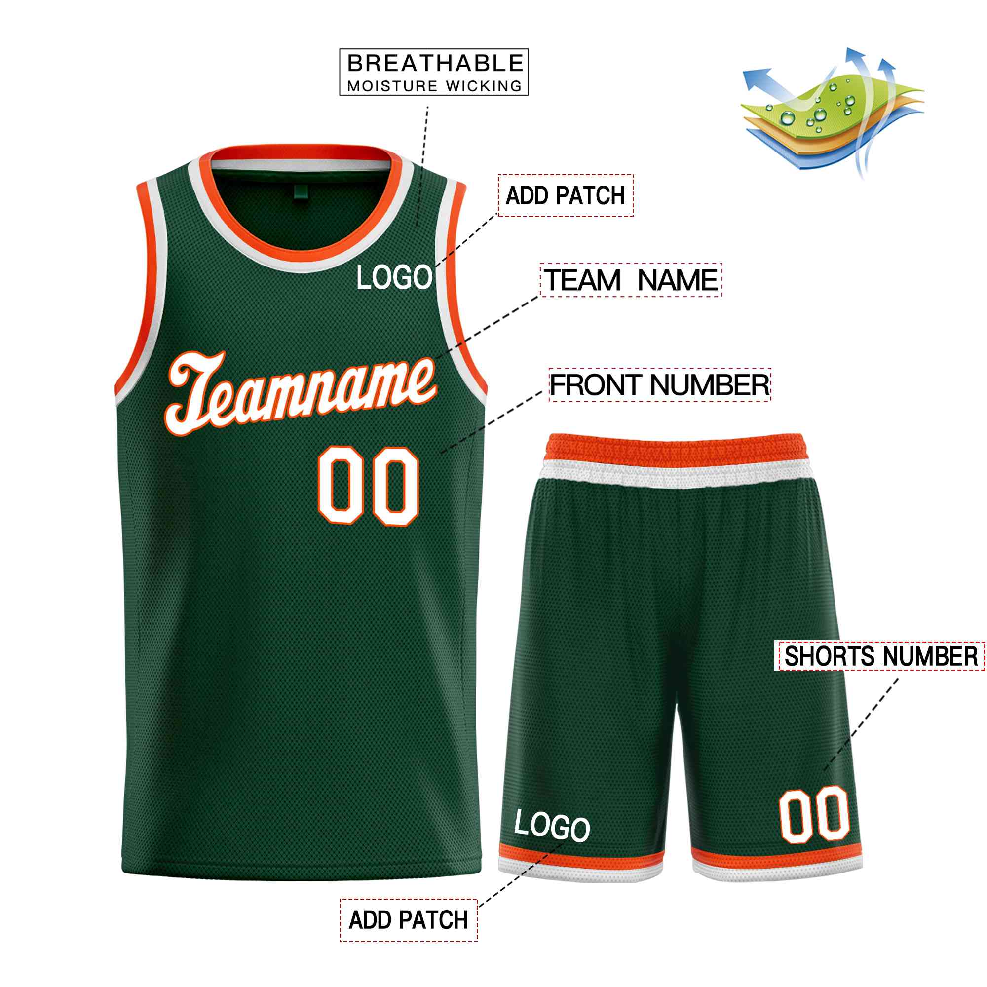 Maillot de basket-ball personnalisé Hunter vert blanc-Orange, ensembles classiques, uniforme de sport