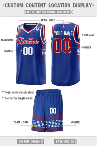 Custom Royal Square Grid Graffiti Pattern Sports Uniform Basketball Jersey