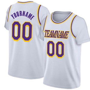 Custom White Purple-Yellow Classic Tops Casual Fake Sleeve Basketball Jersey