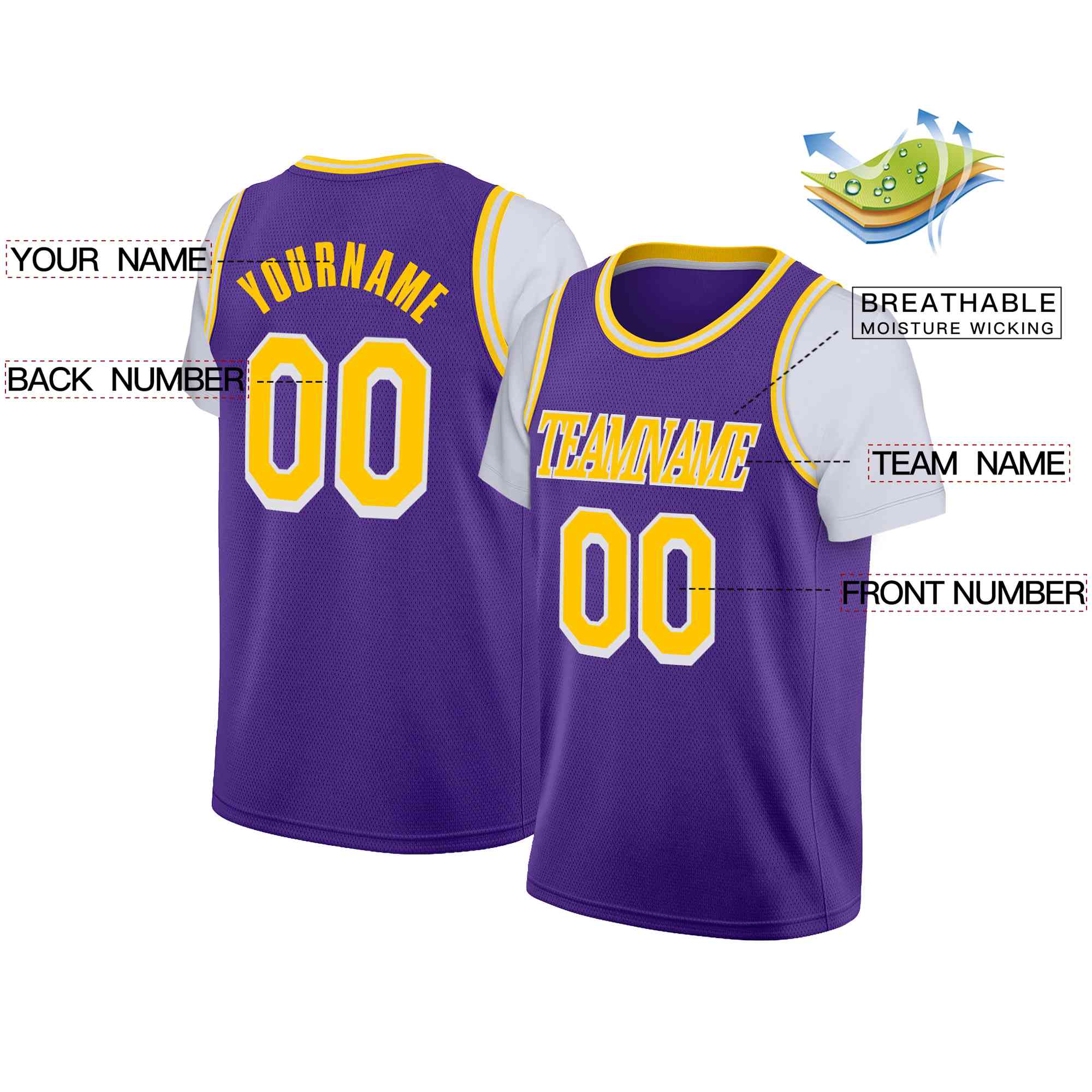 Custom Purple Yellow-White Classic Tops Casual Fake Sleeve Basketball Jersey