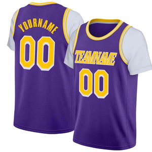 Maillot de basket-ball à fausses manches, personnalisé, violet, jaune-blanc, hauts classiques décontractés