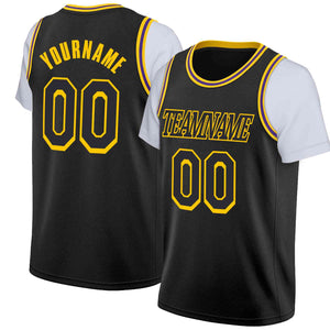 Maillot de basket-ball à fausses manches, haut classique personnalisé noir noir-jaune, décontracté