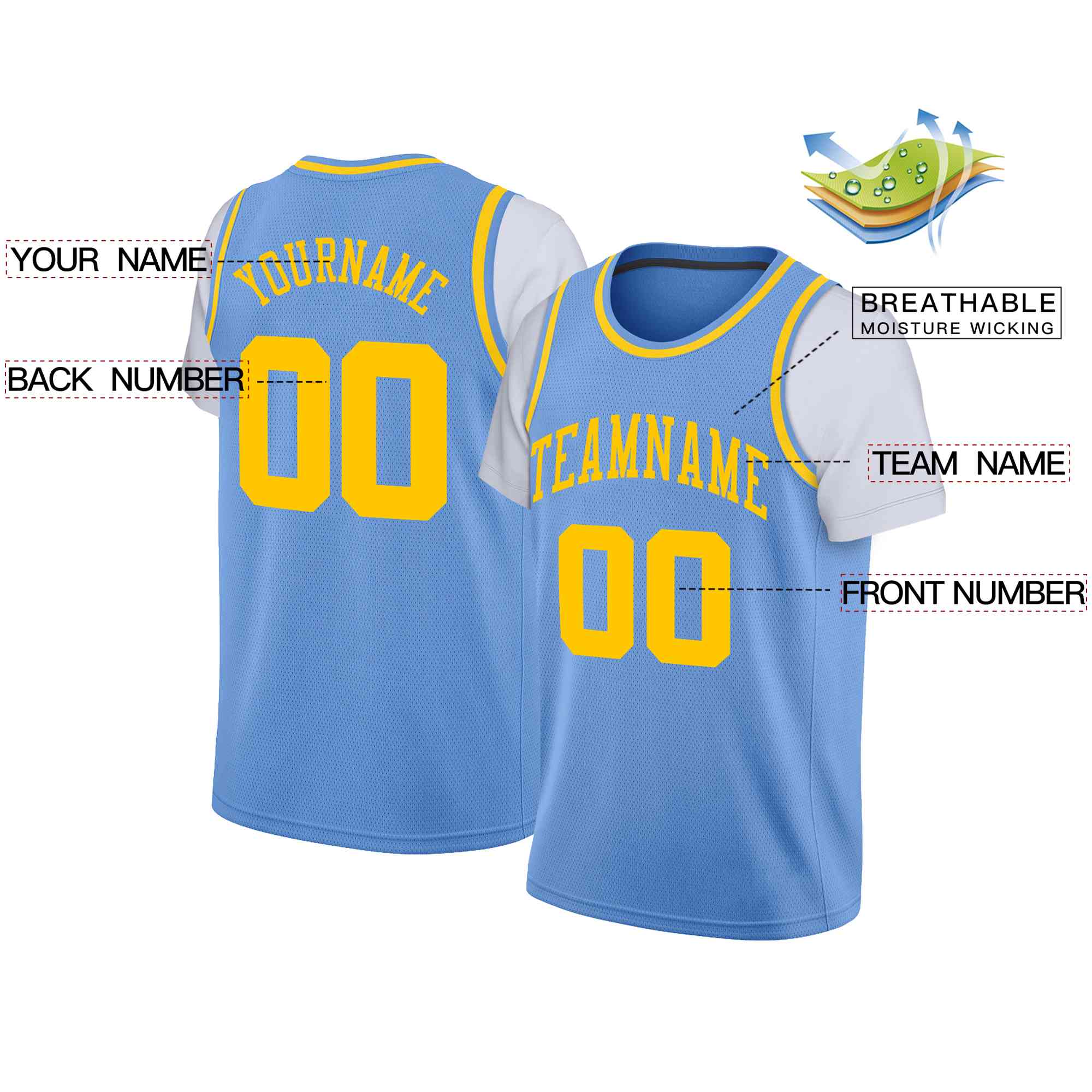 Custom Light Blue Yellow Classic Tops Casual Fake Sleeve Basketball Jersey